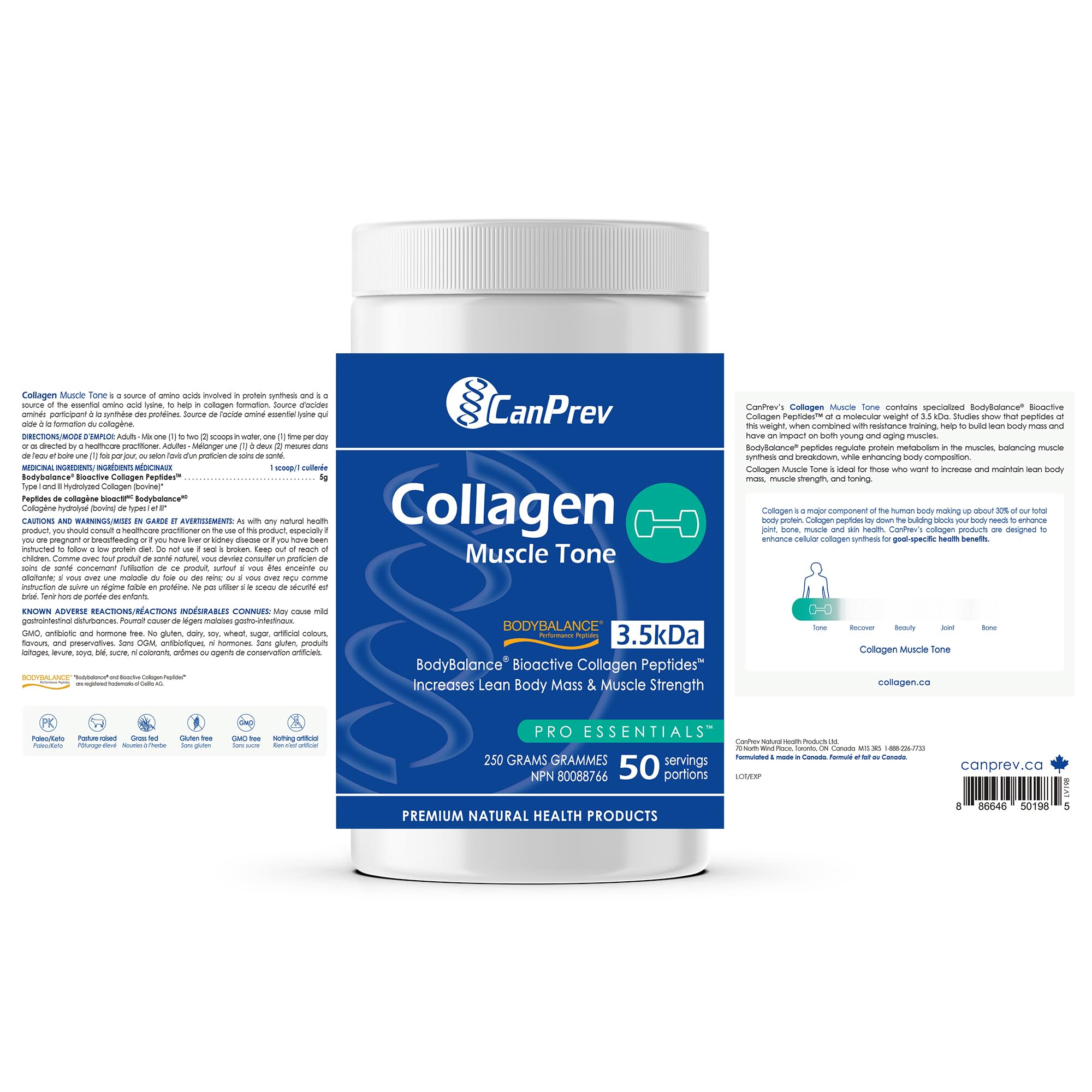 CanPrev - Collagène Tonus Musculaire, 250g Poudre 50 Portions - Sans OGM et Sans Gluten - Peptides de Collagène Bioactifs Ciblent les Cellules Musculaires et Favorisent la Masse Maigre - Soutient la Santé Articulaire et Favorise la Récupération