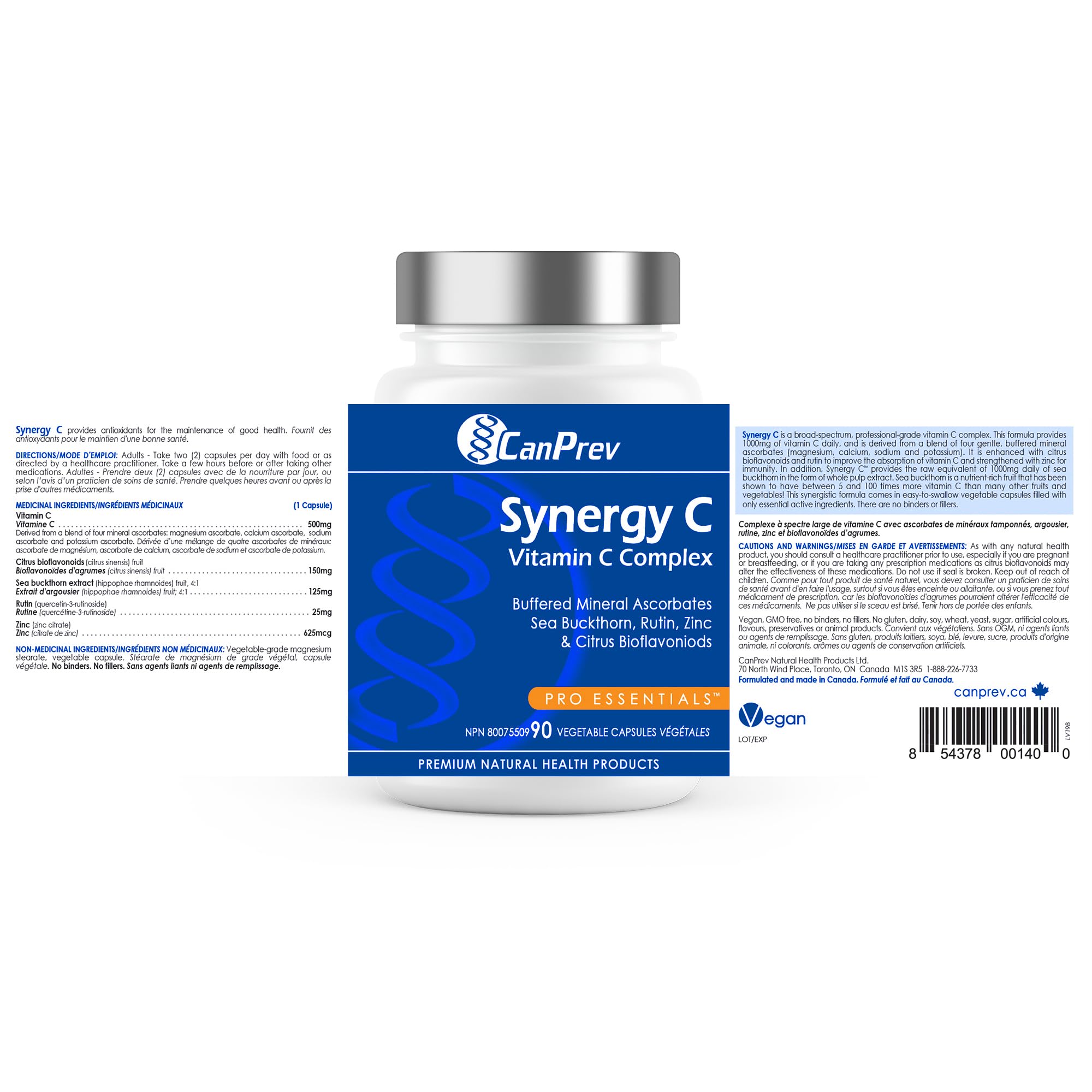 CanPrev Synergy C, Complexe de vitamine C, 90 capsules végétales, approvisionnement de 45 jours - Ascorbates minéraux tamponnés, argousier, bioflavonoïdes d'agrumes et citrate de zinc - Soutient les antioxydants - Végétalien, sans OGM et sans gluten