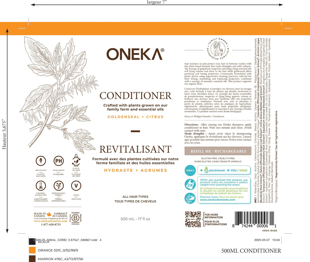 Oneka Goldenseal & Citrus Conditioner, All Hair Types, Canadian Made, 500ml