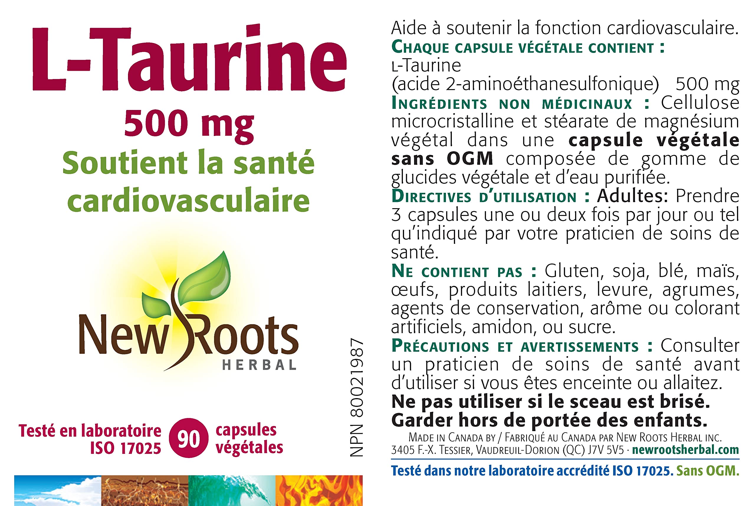 New Roots Herbal - L-Taurine 500 mg, 90 capsules, cure de 30 jours – Contribue au soutien des fonctions cardiovasculaire et du système nerveux – Santé oculaire, fonction cognitive, récupération musculaire et après l'effort – Sans gluten