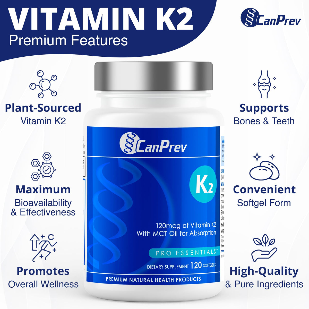 CanPrev K2 MK7 Softgels, 120 mcg, Coconut Oil, 120 Softgels, 120 Day Supply