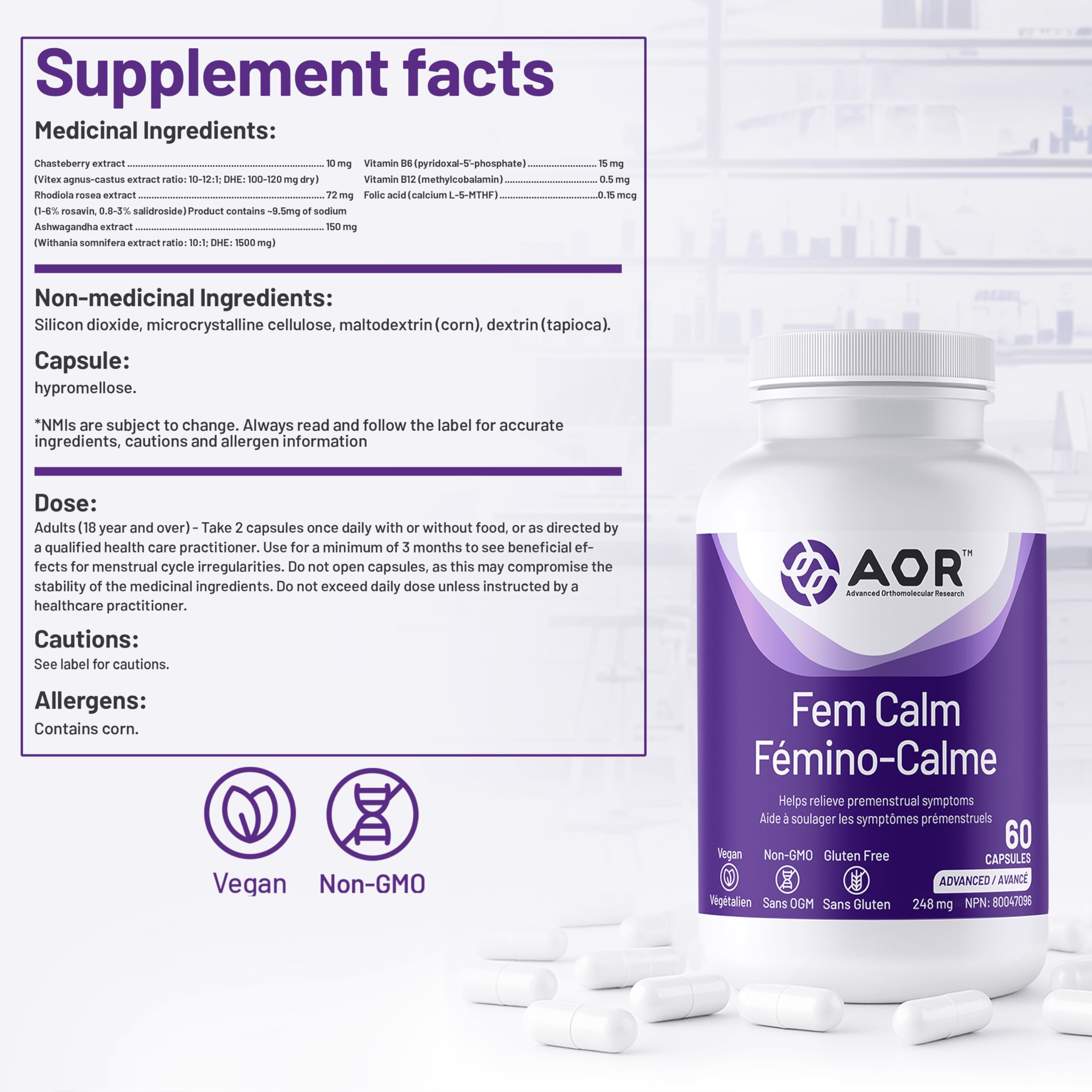 AOR Fem Calm 248mg 60 gélules – Cure de 30 jours – Contient de l'Ashwagandha, de l'acide folique, de la B12, du Gattilier – Soutien au bien-être quotidien et à l'équilibre hormonal des femmes, idéal pour le cycle menstruel – Sans OGM et Végane