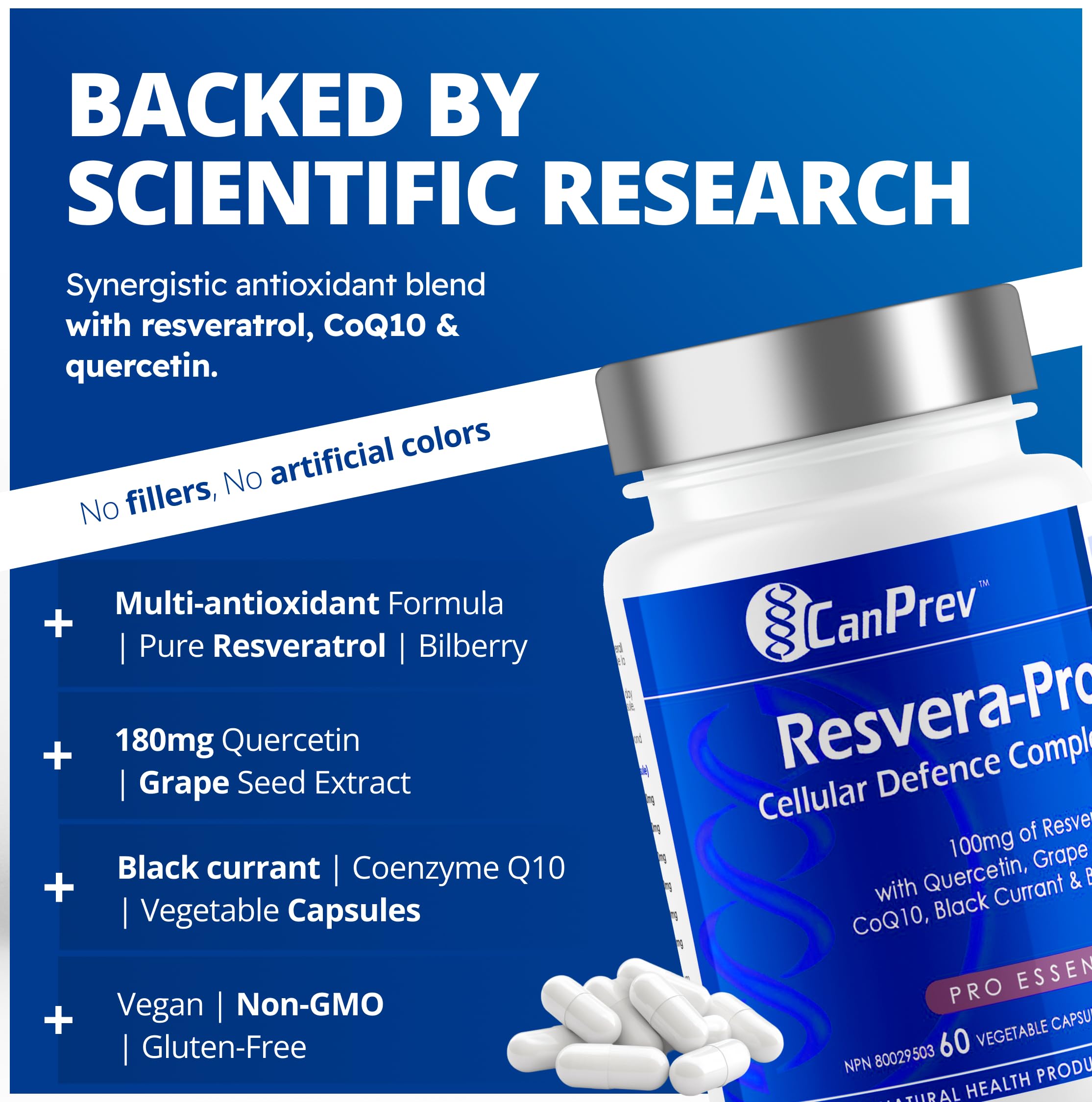 CanPrev Resvera-Pro Resveratrol, 60 Capsules 60-Day Supply - Coenzyme Q10-100mg Resveratrol with Quercetin, Grape Seed, Black Currant and Bilberry - A Blend of Antioxidants - Vegan Friendly