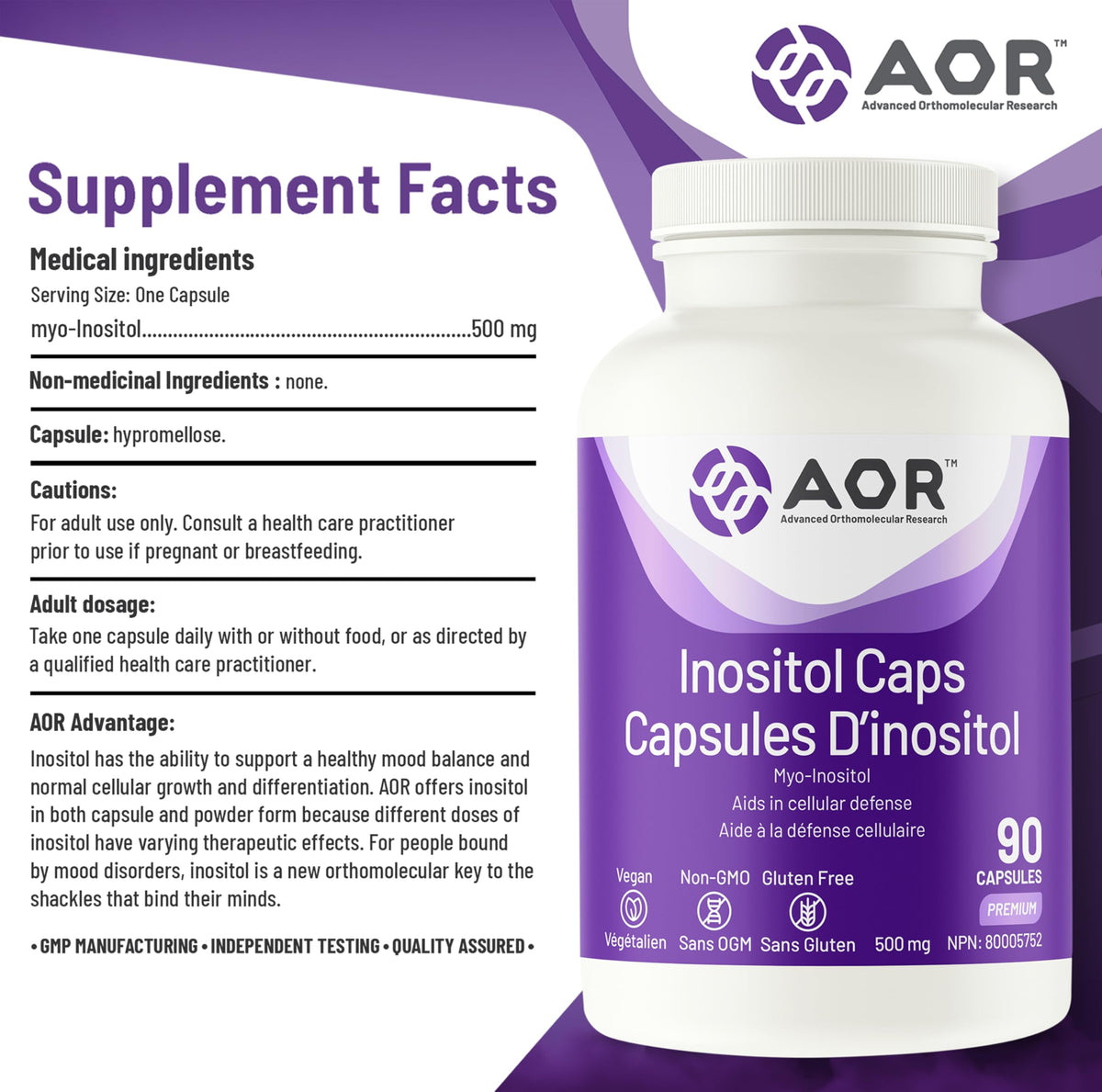 AOR Inositol Capsules, Myo Inositol 500mg, Vegan Capsule Shell, 90 Pack