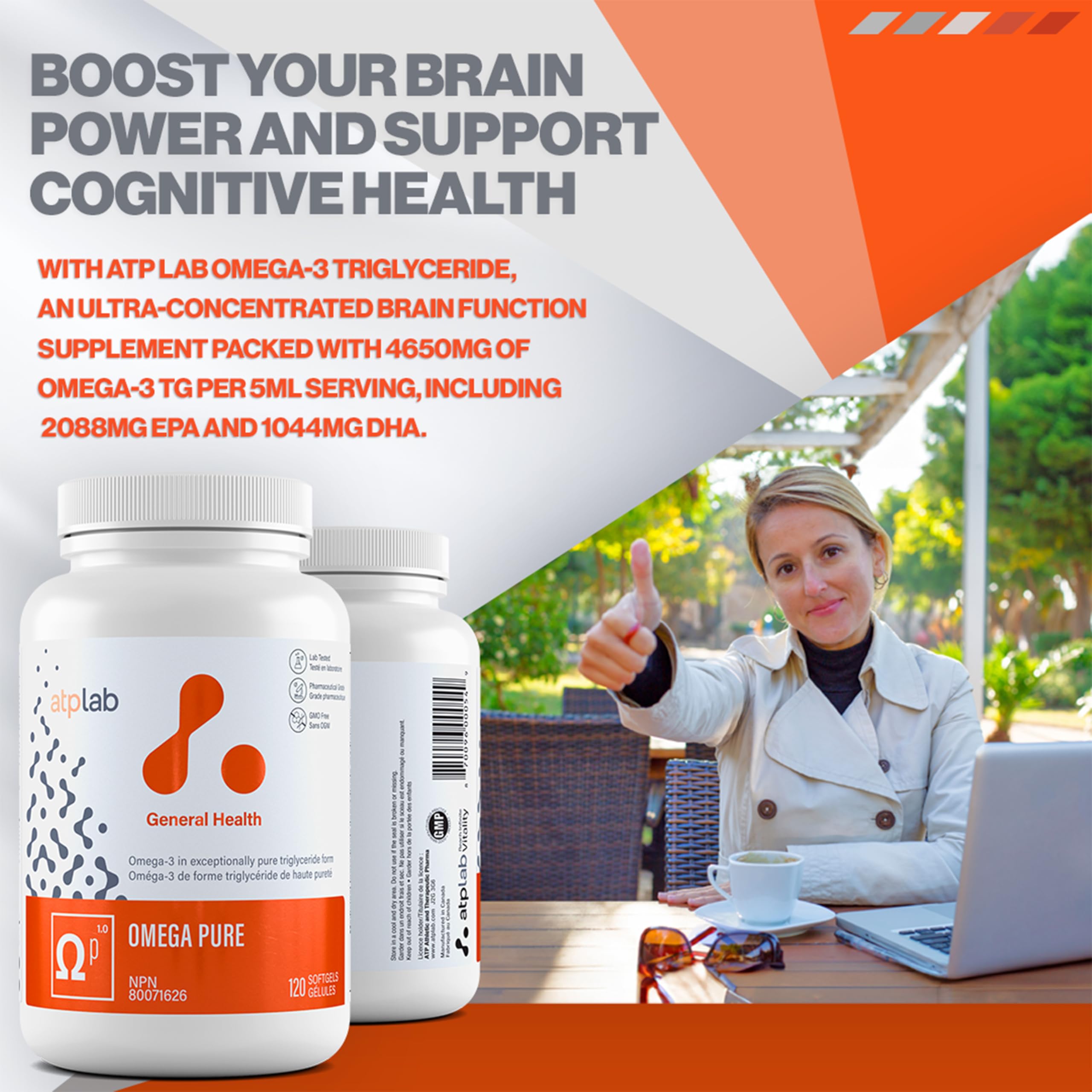 ATP Lab Omega Pure 120 gélules – Approvisionnement de 60 jours – Huile de poisson Oméga-3 TG EPA DHA et vitamine E, sans arrière-goût de poisson, favorise la fonction cérébrale et la santé cardiovasculaire, sans OGM, fabriqué au Canada, facile à avaler
