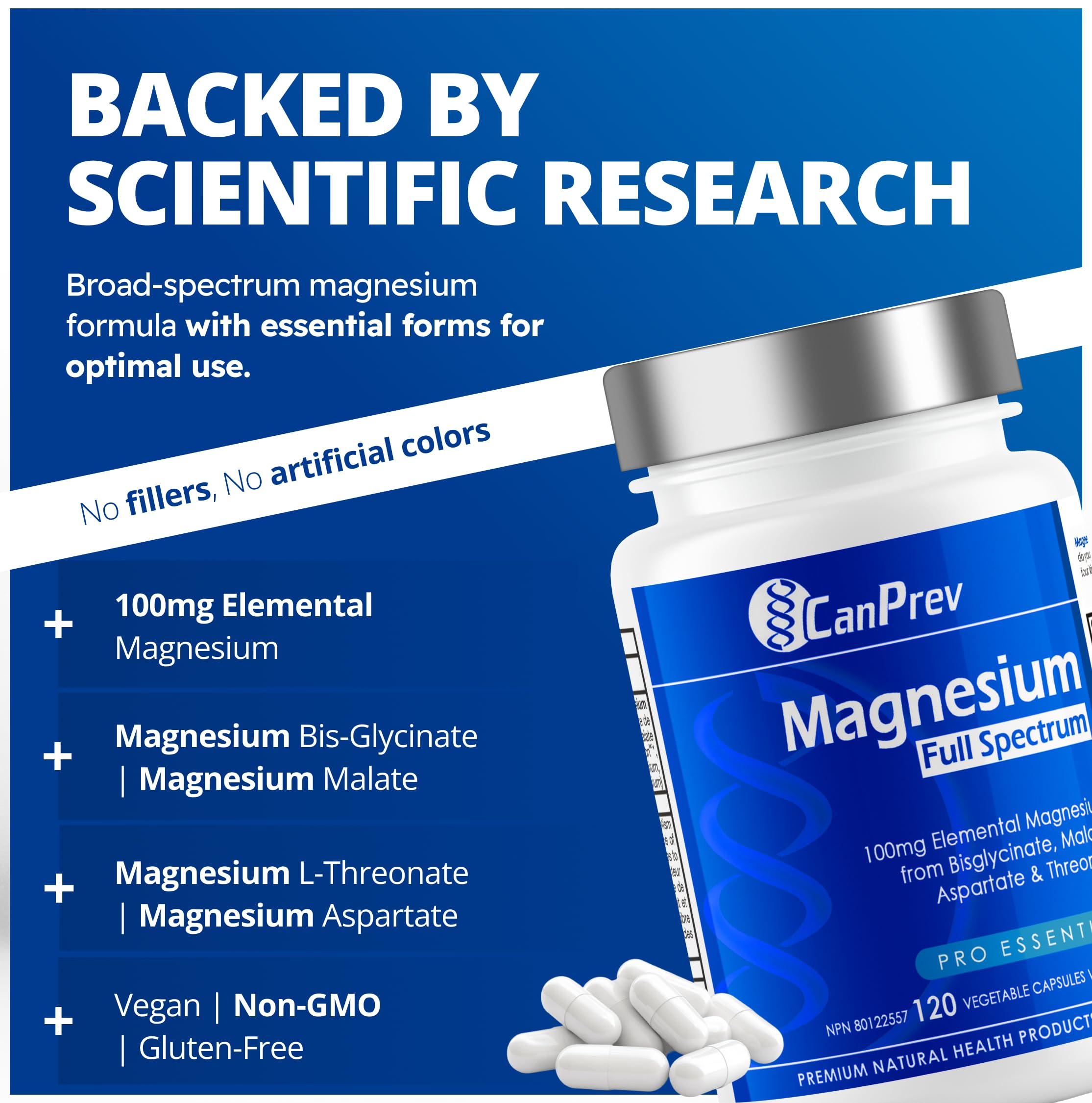 CanPrev Magnesium Full Spectrum 120 Vegan Capsules 120-Day Supply - Support for Sleep & Relaxation, Bone Density, Muscle Function, Electrolyte Balance - Pure, High-Absorption Magnesium Bisglycinate
