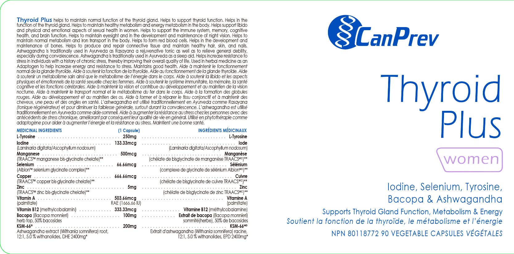 CanPrev Thyroid Plus pour femmes, 90 capsules, cure de 30 jours – Mélange de L-Tyrosine, Iode, Zinc, Cuivre, Manganèse et Ashwagandha KSM-66 pour soutenir l'énergie et le métabolisme – Suppléments pour le soutien de la thyroïde