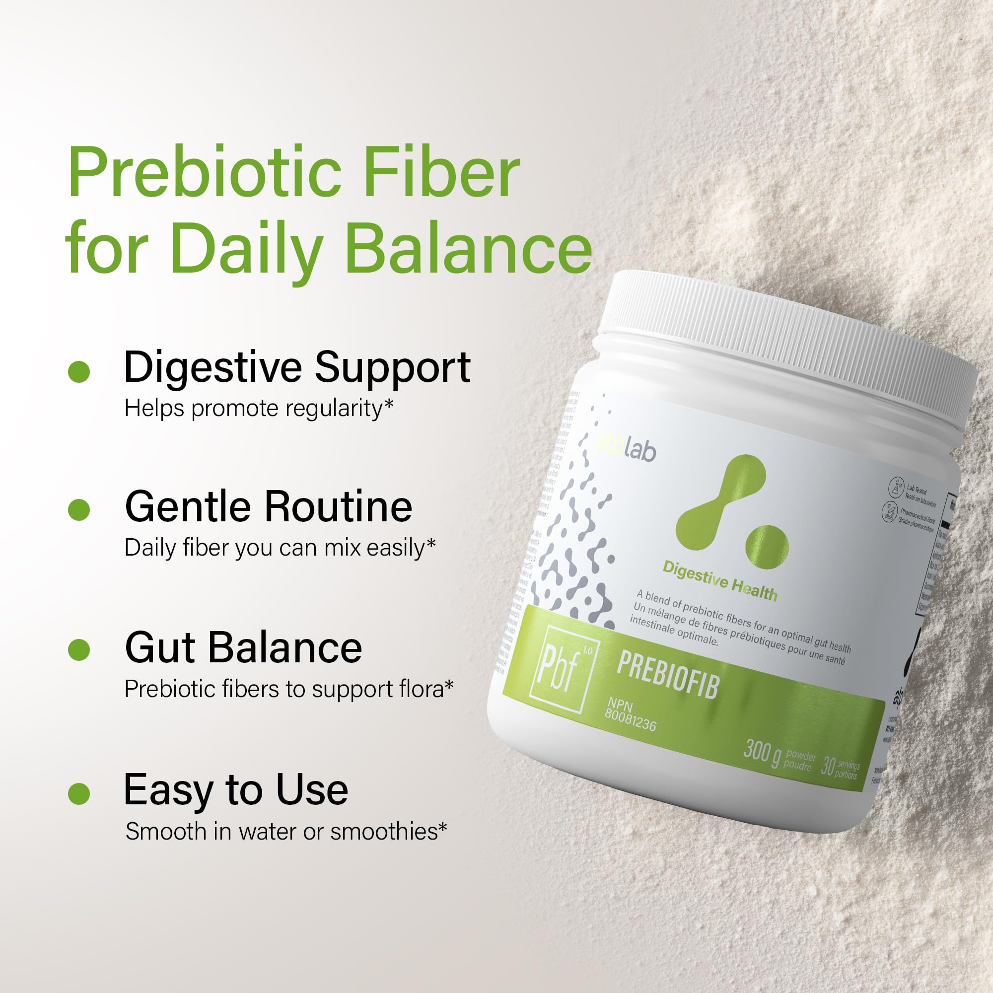 ATP LAB - PreBioFib Régulier 300g 30 Portions - Supplément de fibres prébiotiques en poudre - Supplément de fibres solubles pour la constipation, la santé intestinale et digestive