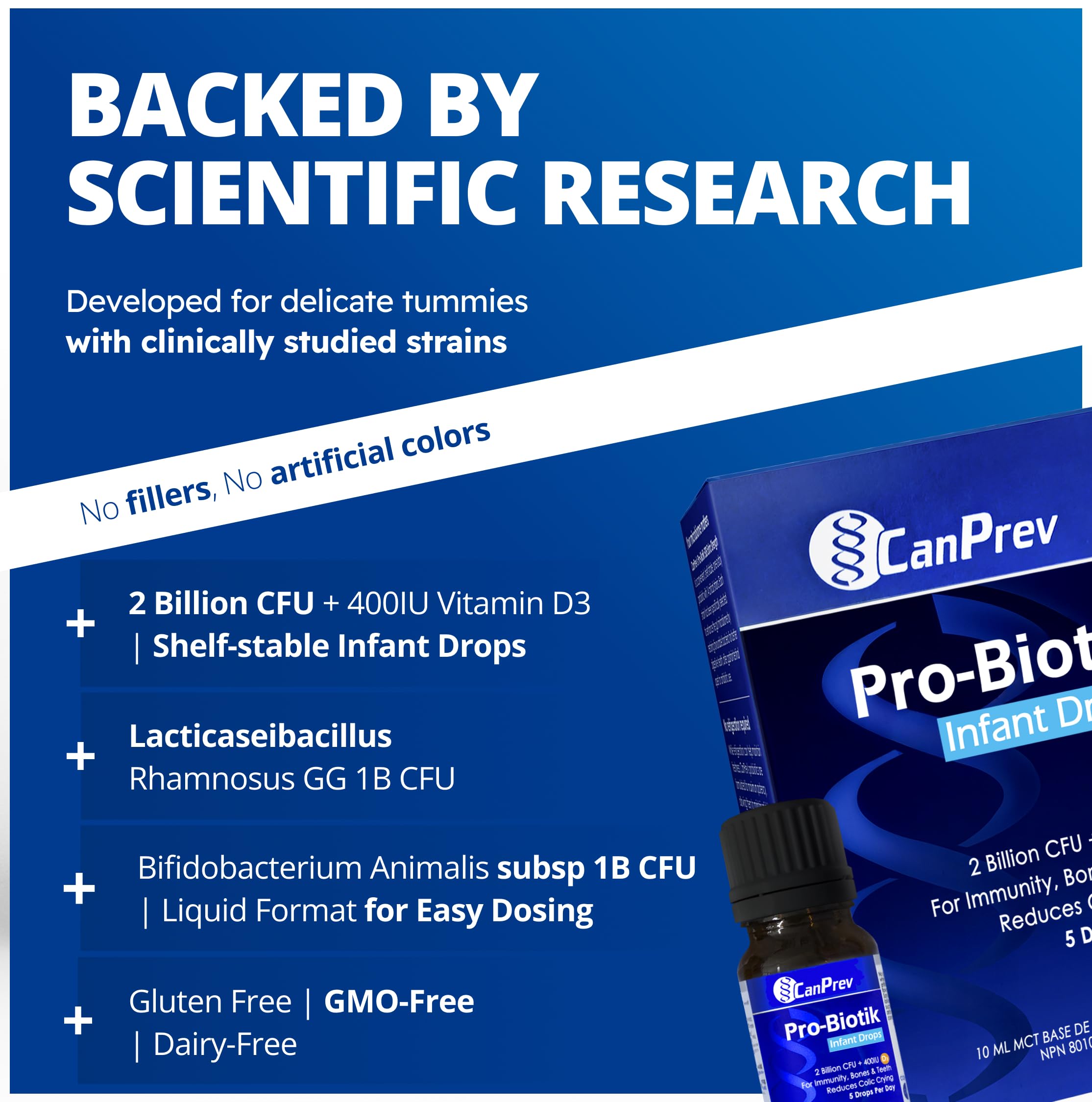 CanPrev Pro-Biotik Infant Drops 50-Day Supply - 2 Billion CFU with 400IU Vitamin D3, Probiotic Supplement for Babies & Kids to Support Digestive Wellness, Bone Strength, Healthy Teeth & Immune Health