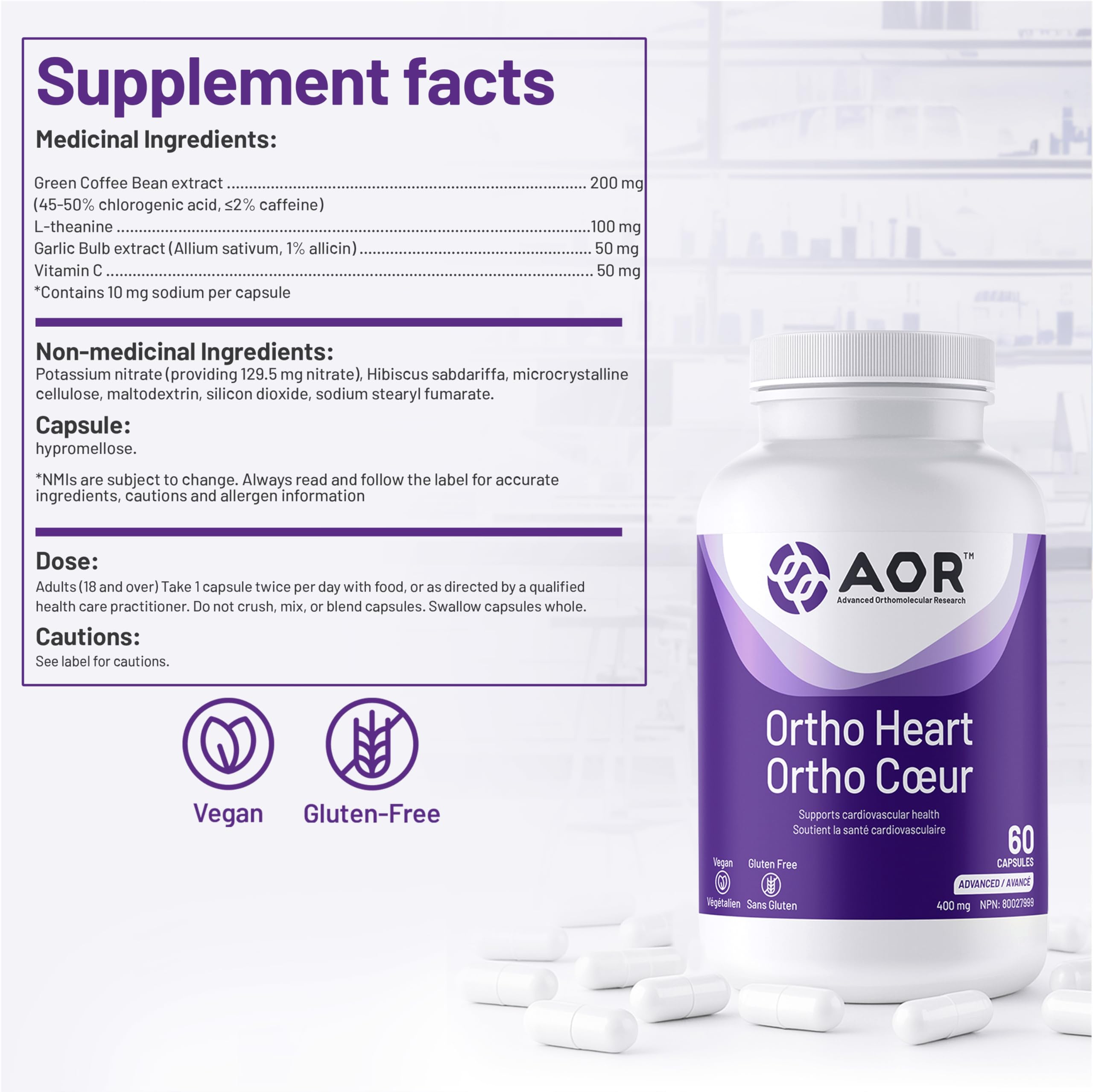 AOR Ortho Heart 400mg 60 Caps 30-Day Supply - Cardiovascular Support with Garlic, L-Theanine & Vitamin C, Circulatory Health, Support Balanced Lipid Level for Overall Heart Health, Gluten-Free & Vegan