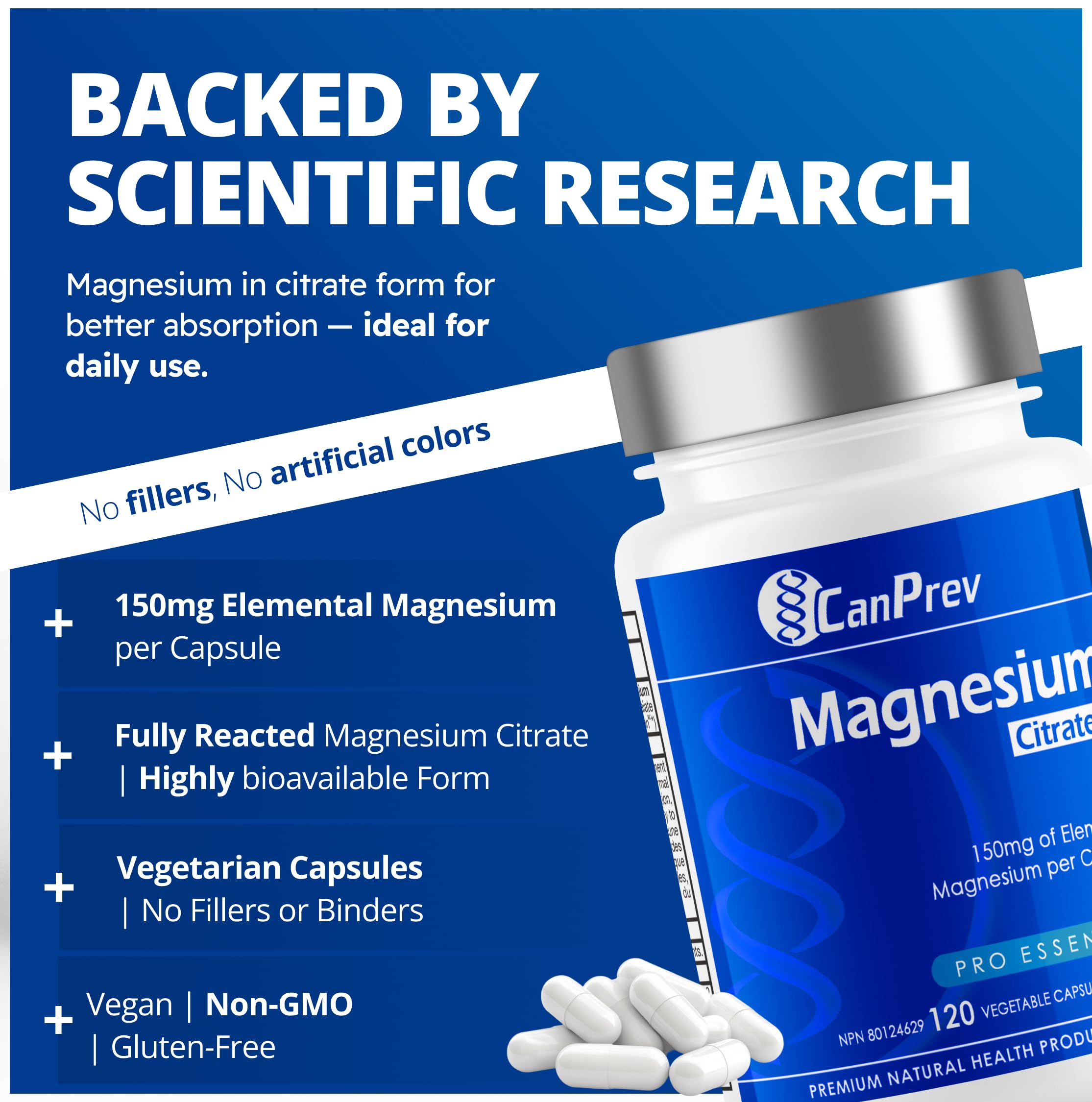 CanPrev Citrate de magnésium+, 120 gélules – 120 jours de traitement – Complément de magnésium à haute absorption, favorise la fonction physique, formule pure de citrate de magnésium biologique – Végétalien, sans OGM et sans gluten