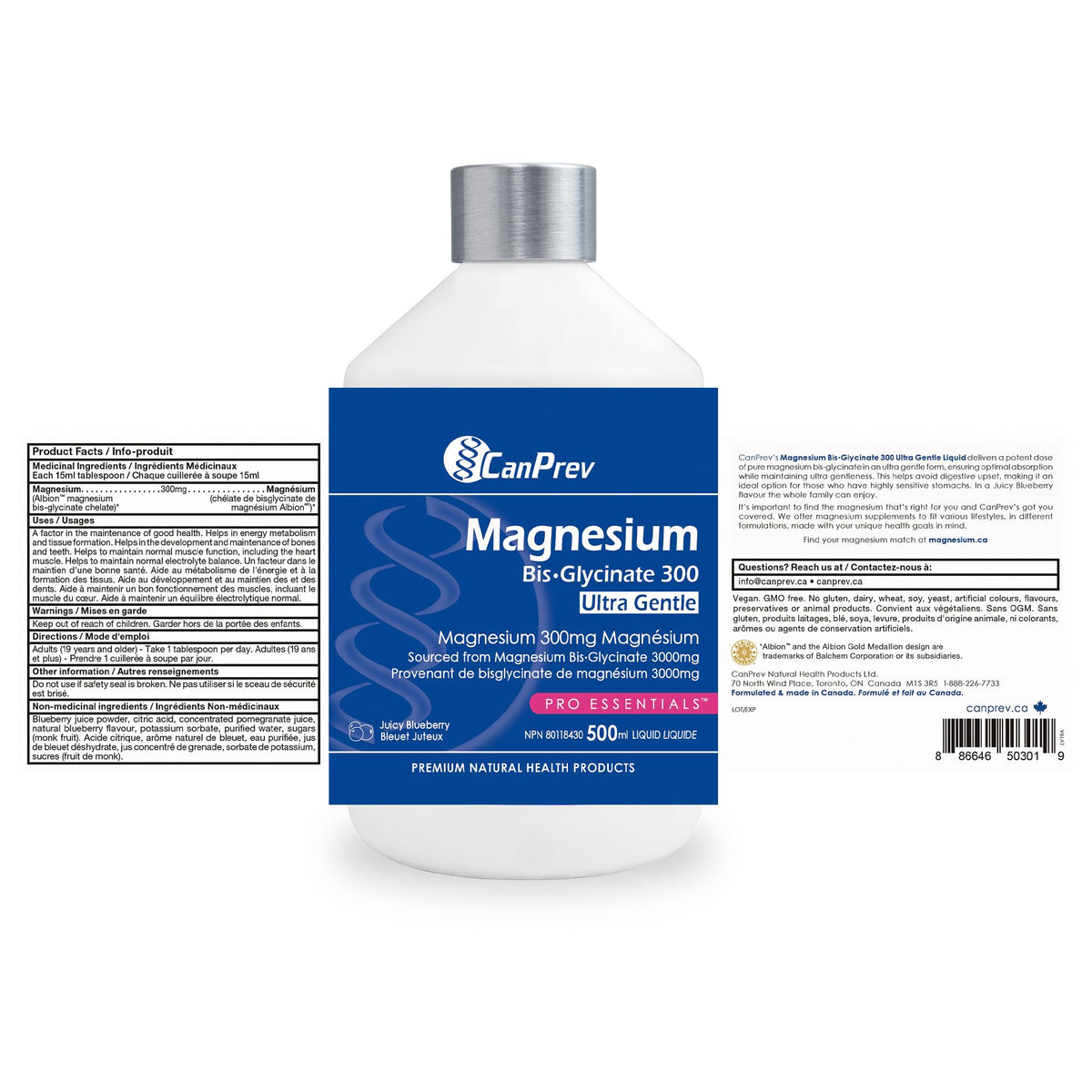 CanPrev Magnesium Bisglycinate Liquid, 300mg, 500ml, 33 Servings, Blueberry