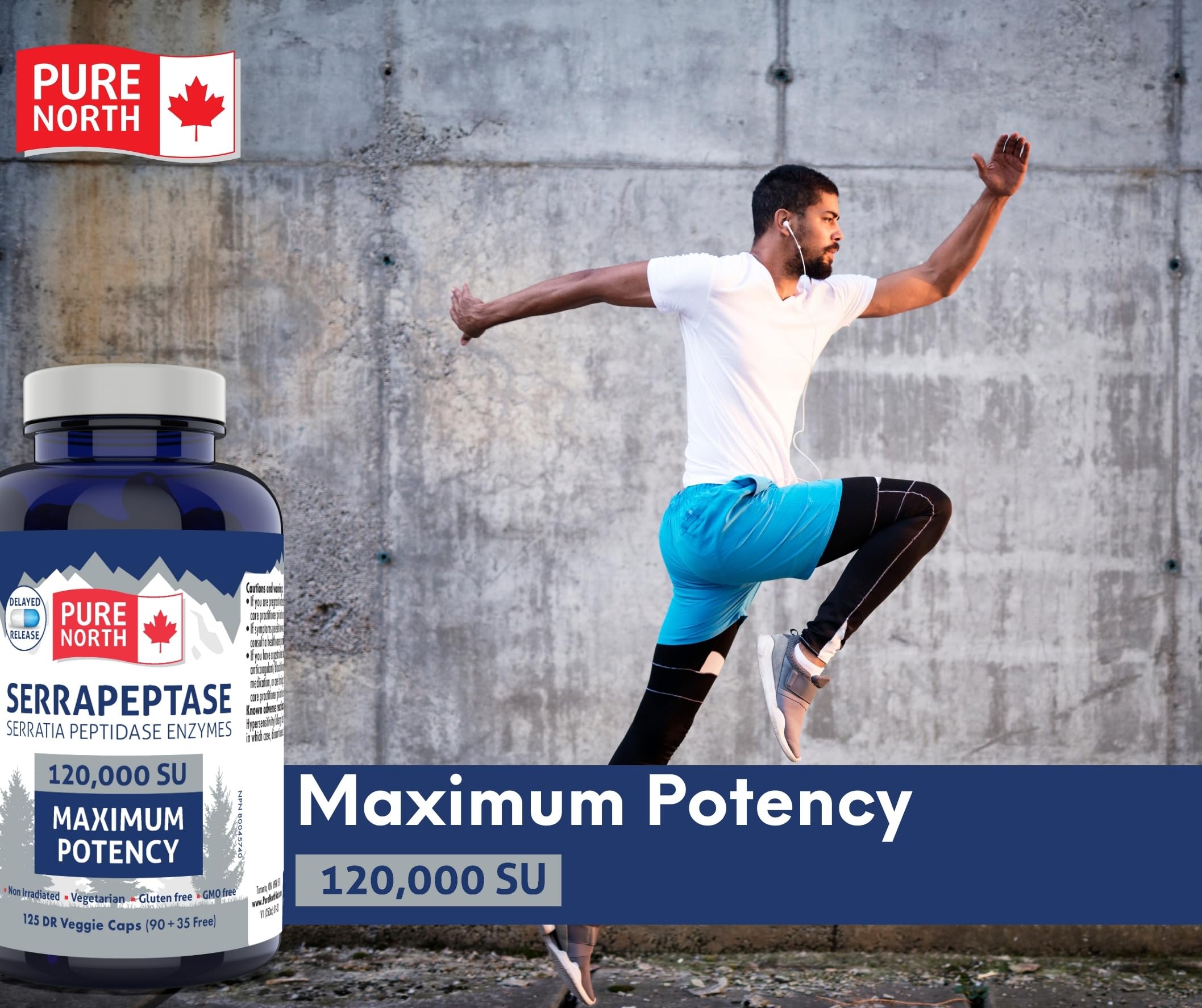 Pure North Naturals - Serrapeptase Serratia Peptidase Enzymes 120000 SU Maximum Potency (90+35 Capsules) 125-Day Supply - Supports Respiratory Health - 3rd Party Tested - Formulated & Made in Canada