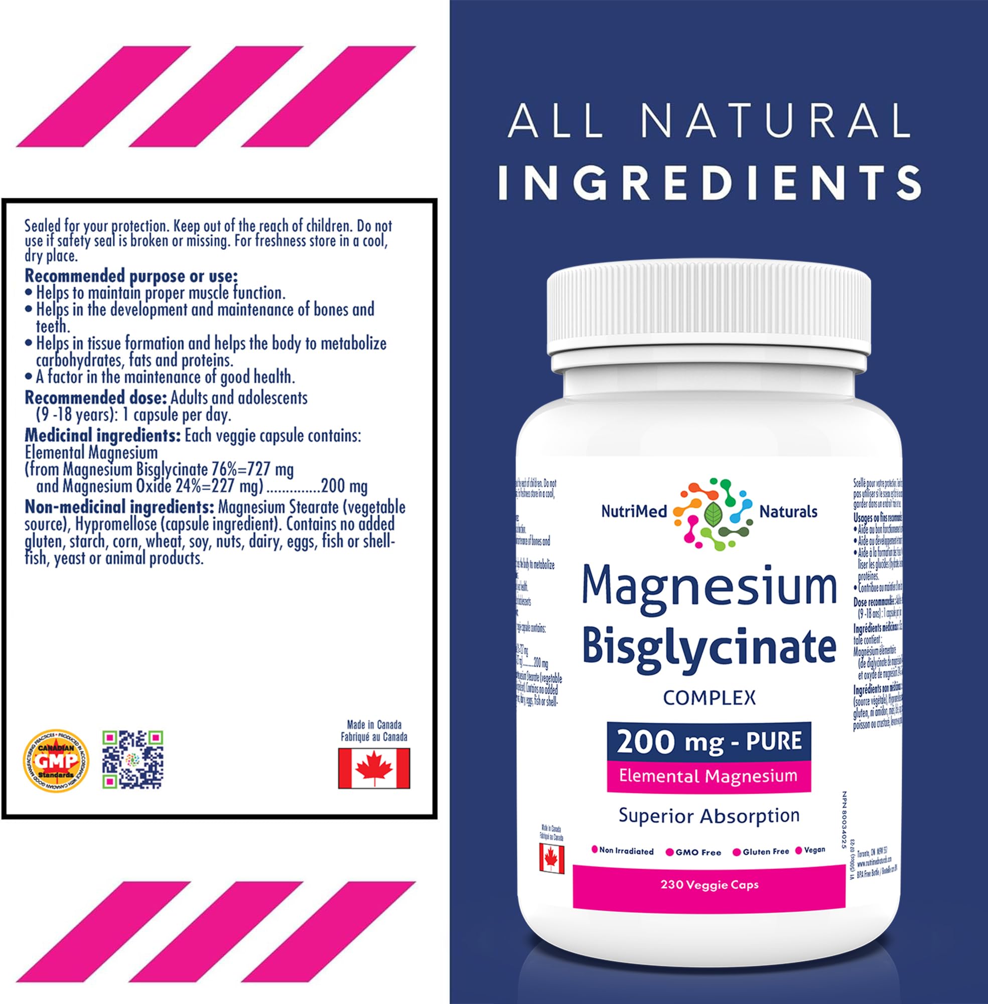 Nutrimed Naturals - Magnesium Bisglycinate Complex 200mg, 230 Capsules 230-Day Supply - Maintain Proper Muscle Function & Bone Health, Sleep Support - 3rd Party Tested - Formulated & Made in Canada