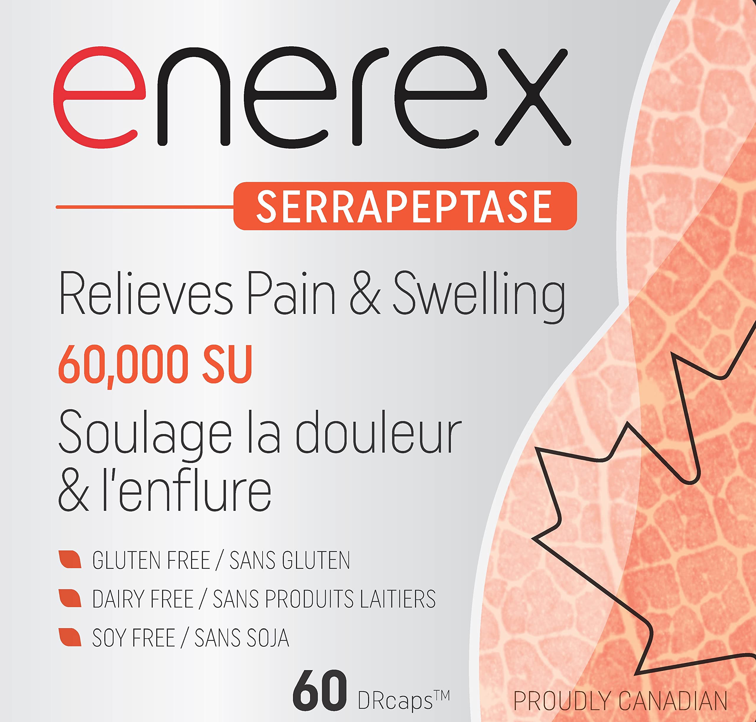 ENEREX - Serrapeptase 60 000 SU, 60 gélules à libération retardée pour 60 jours - Soulage la douleur et l'enflure - Sans gluten ni produits laitiers - Réduit la douleur, la quantité de sécrétions et le nez bouché - Enzyme mucolytique qui soulage