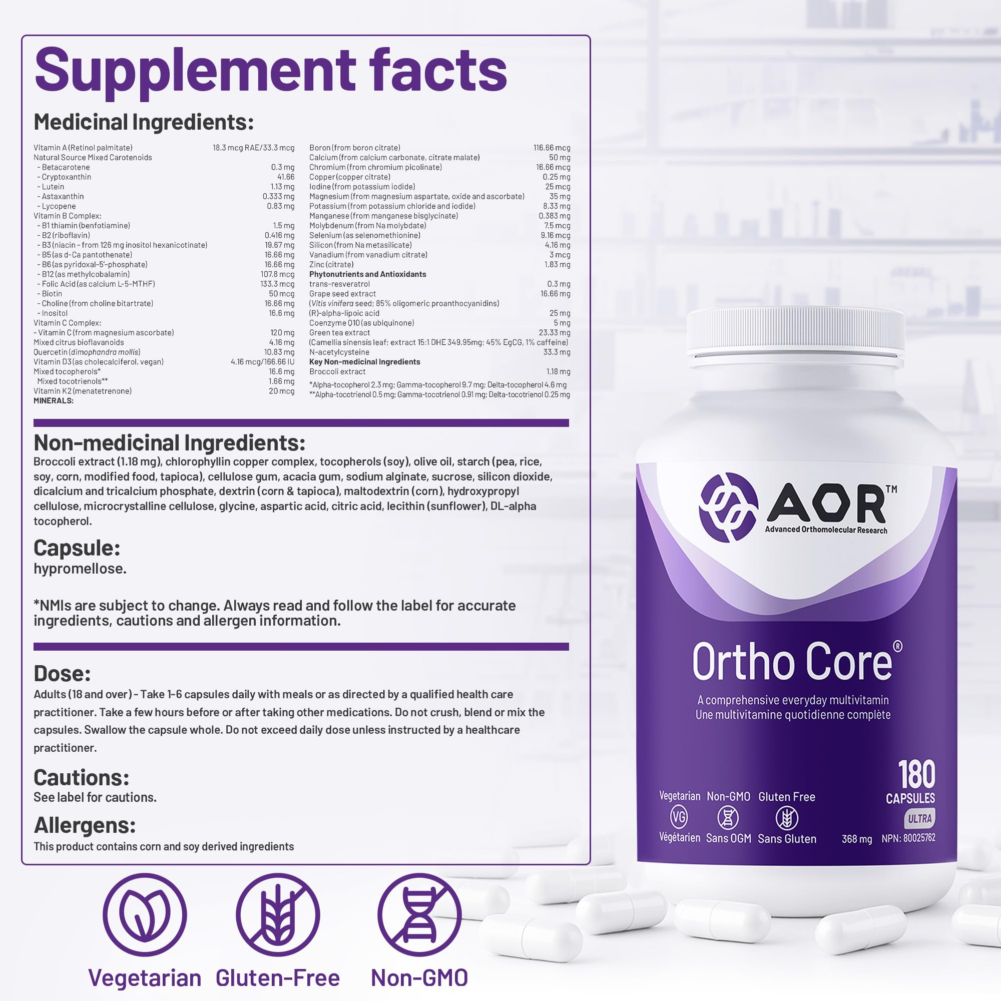 AOR - Ortho Core 368mg 180 Capsules 180-Day Supply - A Comprehensive Everyday Multivitamin Supplement - Non-GMO and Gluten-Free - Multivitamin and Mineral Supplement