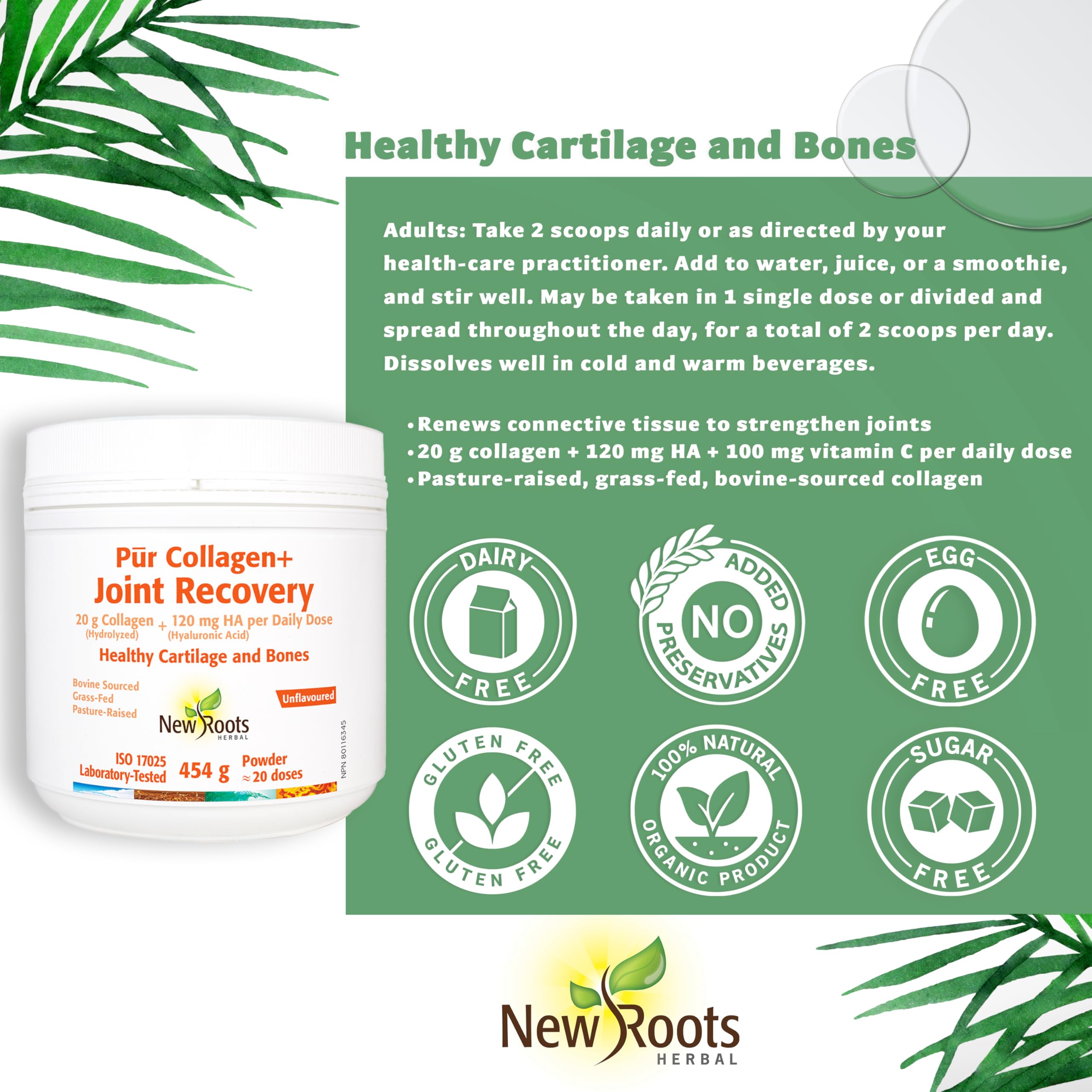 New Roots Herbal - Pur Collagène + Récupération Articulaire, 454g Poudre - Aide à maintenir la santé des cartilages, des os, des dents, des gencives et des articulations - Contribue au fonctionnement immunitaire et améliore l'hydratation de la peau