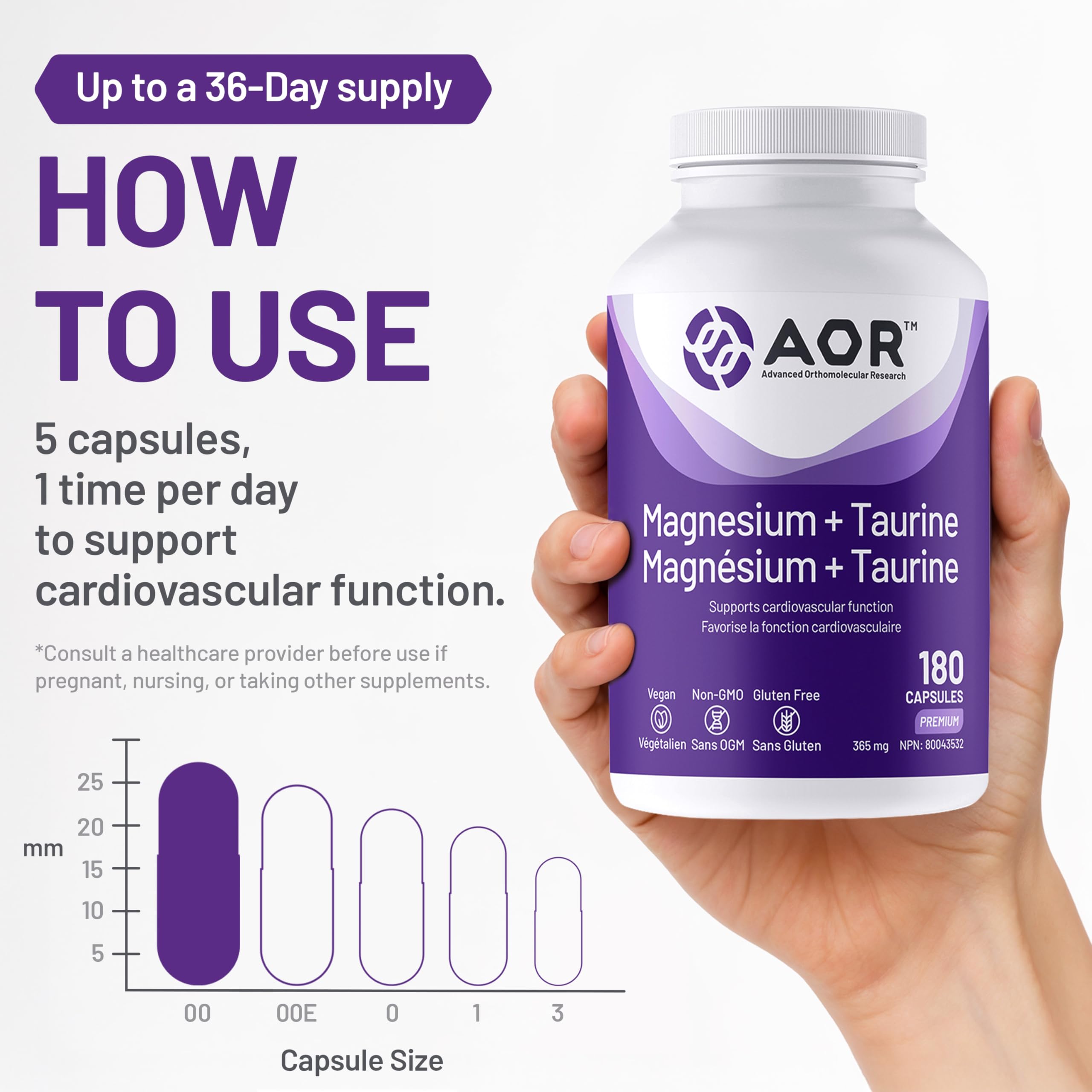 AOR Magnesium + Taurine 365mg, 180 Caps 36-Day Supply - Magnesium-Citrate with Taurine Supplements for Energy Production, Strong Bone, Muscle Relaxation & Circulatory System Support - Vegan & Non-GMO
