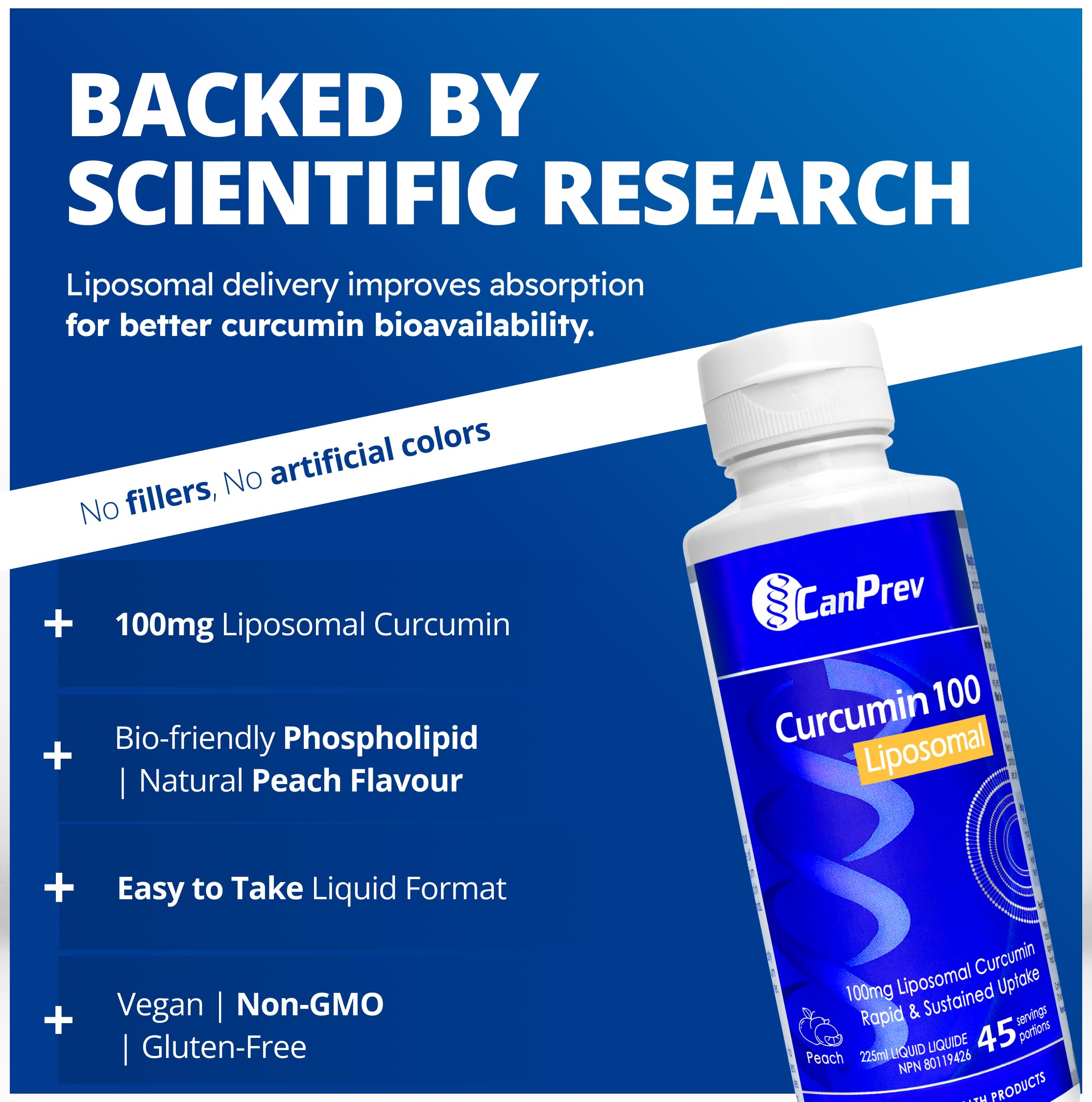 CanPrev - Curcumine 100 Liposomale, 225 ml Liquide 45 Portions - Végétalien, Sans OGM & Sans Gluten - Fournit des Antioxydants - Absorption Rapide et Soutenue - Soutien Articulaire - Délicieuse Saveur de Pêche