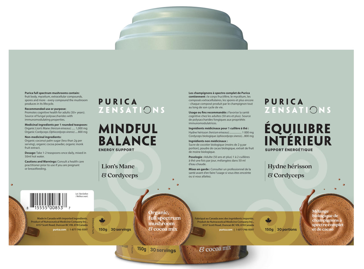 PURICA Zensations Mindful Balance Powder, Lions Mane Mushroom, 30 Servings