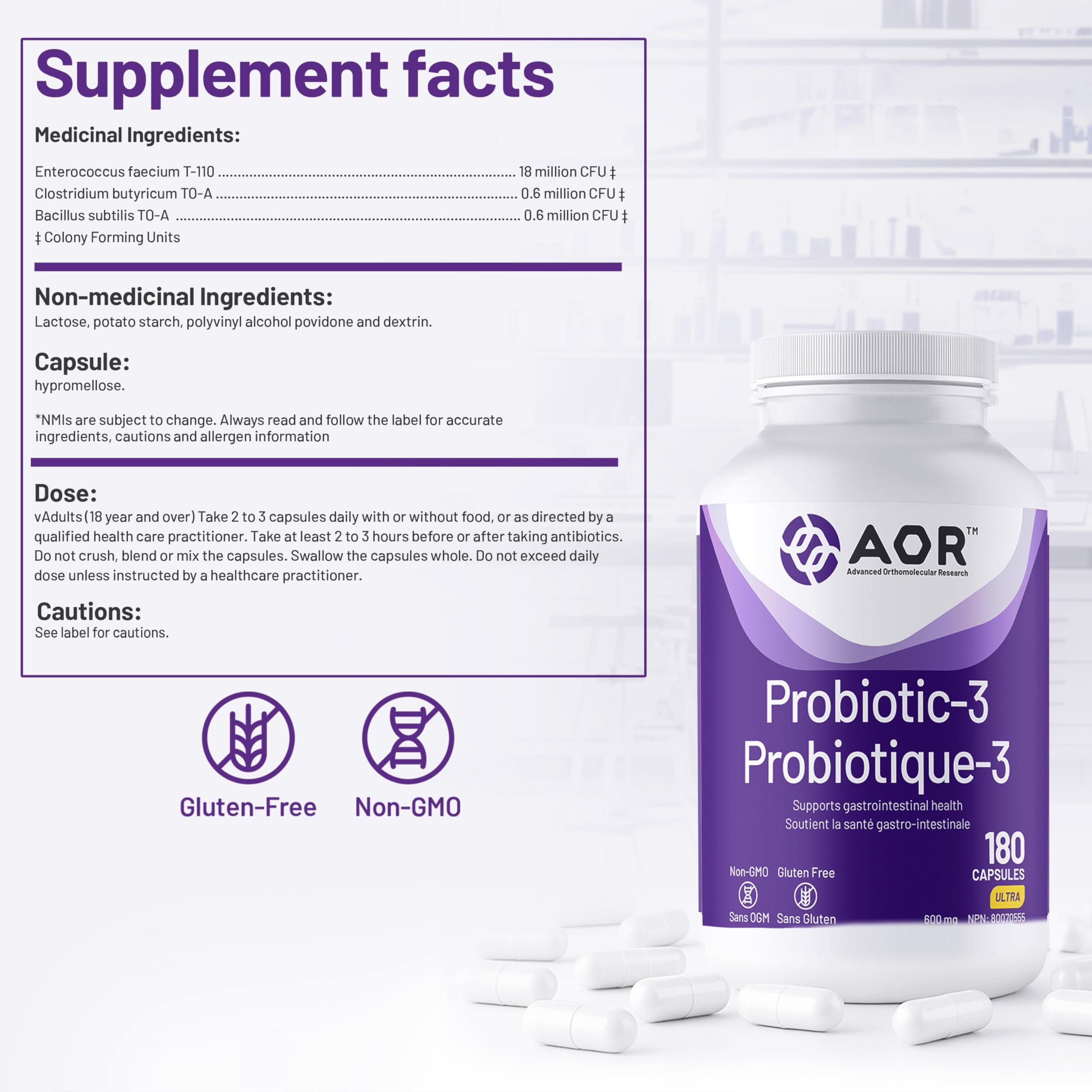 AOR Probiotic 3 - Gut Health Complex for Women & Men, Supports Digestive and Immune System, Contains Probiotics and Digestive Enzymes, Ideal for Balanced Intestinal Flora