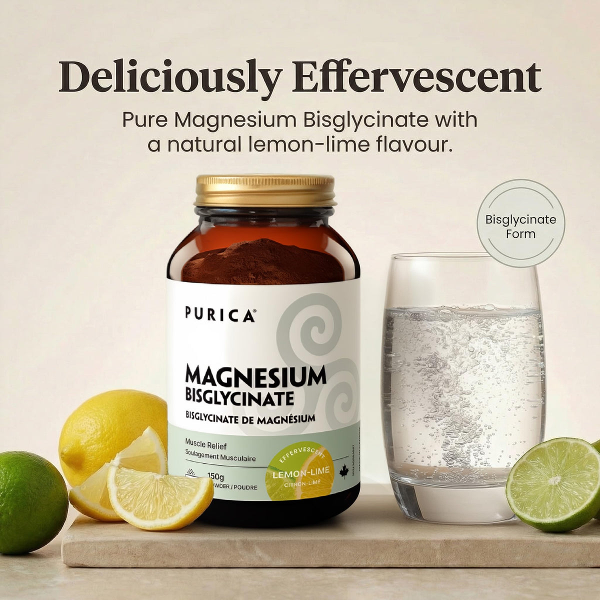 PURICA Effervescent Magnesium Glycinate Powder, 350 mg, Lemon Lime, 150g