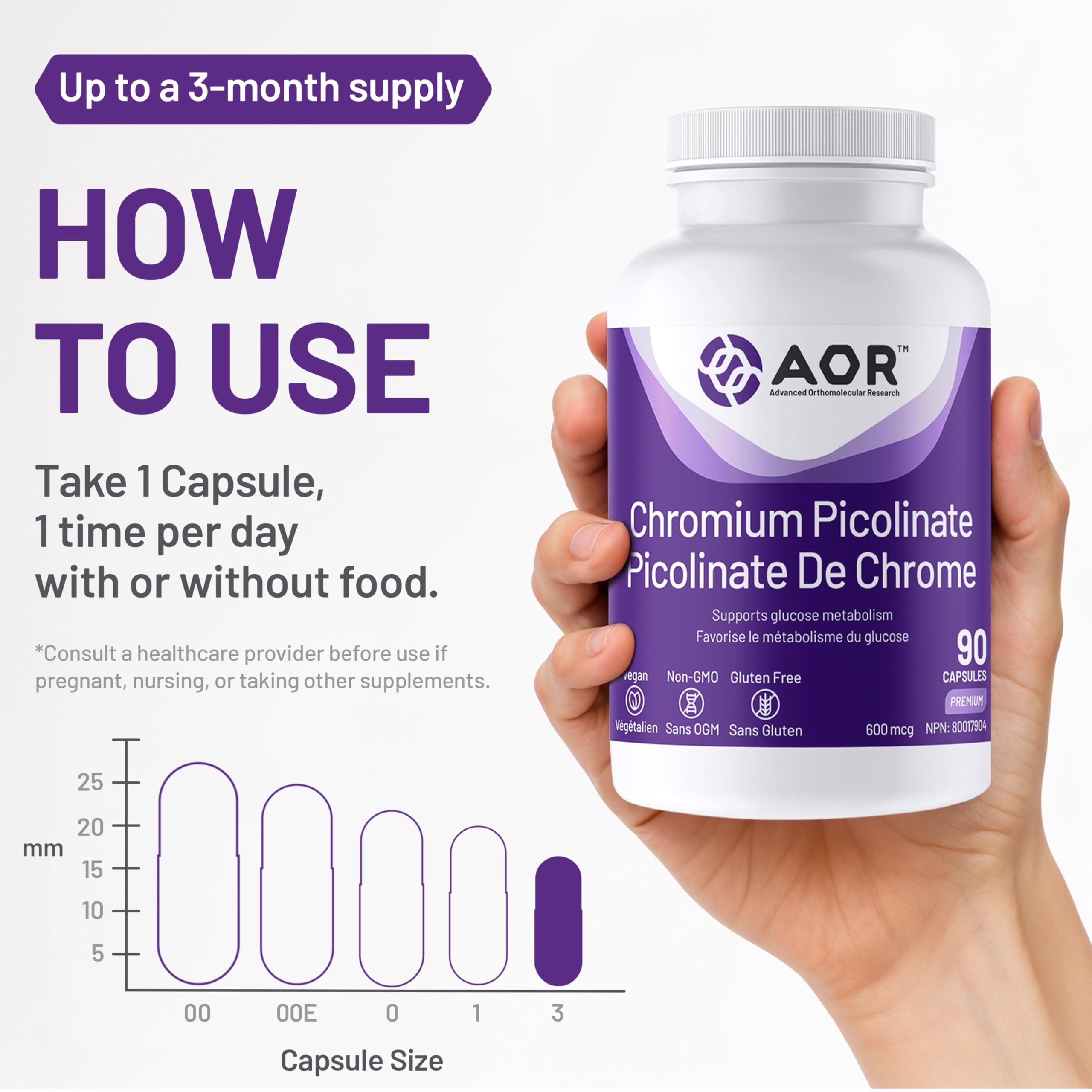AOR Picolinate de Chrome 600mcg 90 gélules - 90 jours d'approvisionnement - Favorise un métabolisme équilibré du glucose et la production d'énergie - Supplément de chrome, oligo-élément pour un soutien nutritionnel et un métabolisme sain