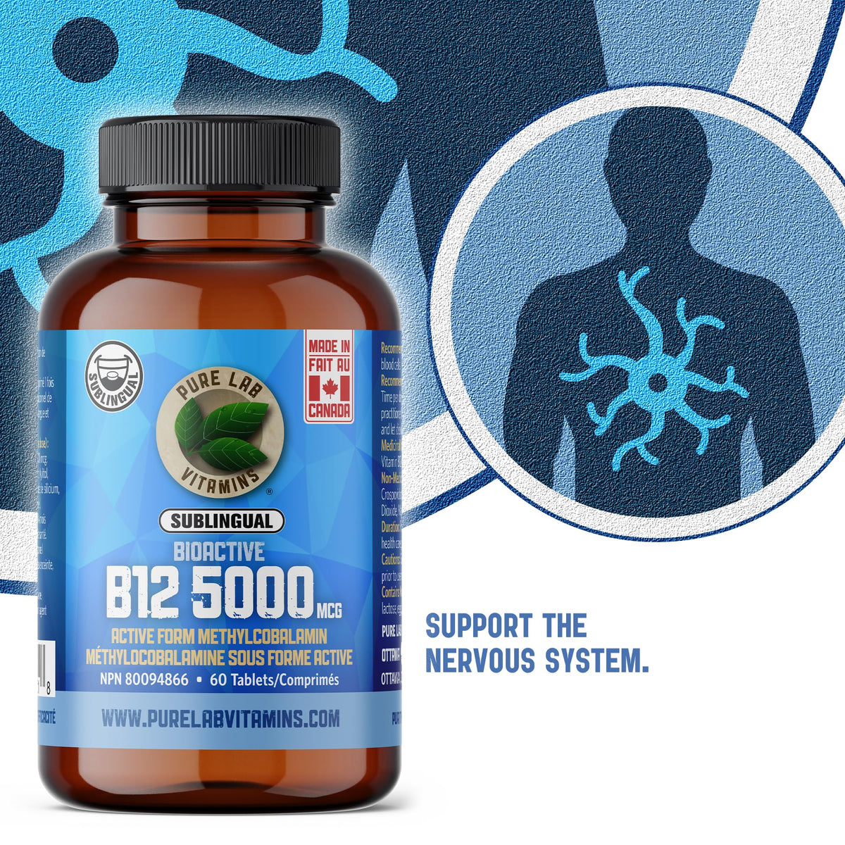 Pure Lab Vitamins | Bioactive Vitamin B12 5000mcg | 60 Tablets | Sublingual B12 Methylcobalamin 5000 mcg | Metabolism Boosters Energy Supplement | Helps in Normal Immune System Function - Gluten Free