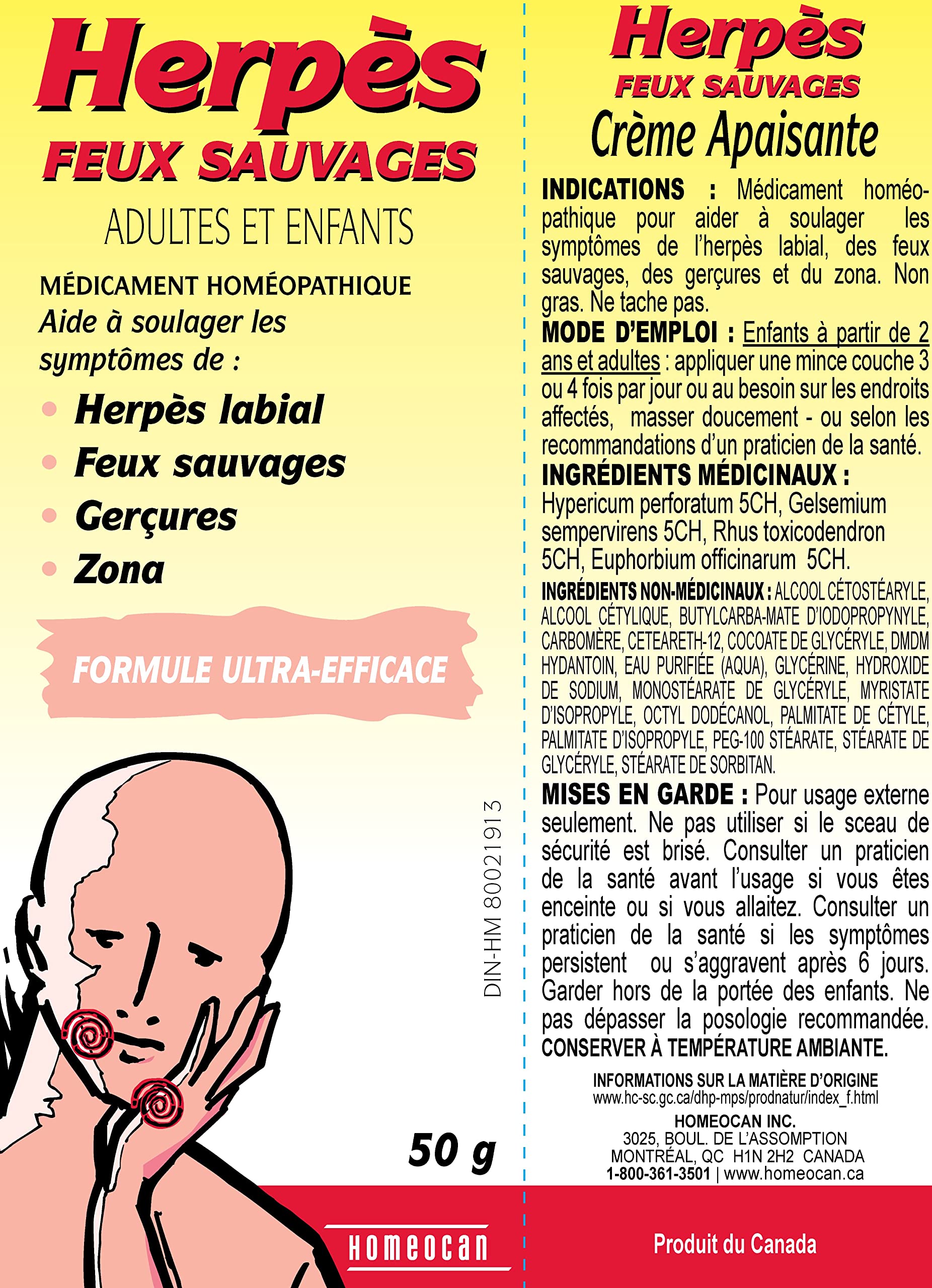 Homeocan Herpes Cream 50g - Gentle Homeopathic Formula for Lip & Skin Discomfort, Soothes Dryness, Itching & Irritation - Safe for Adult & Children - Non-Greasy, Quick-Absorbing and Stain-Free Care