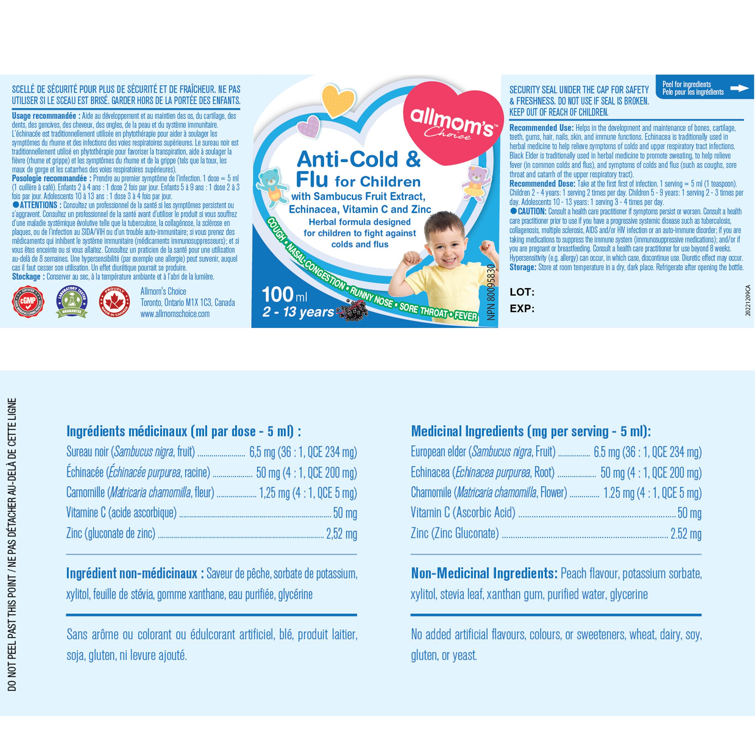 Anti-Cold & Flu for Children - Prevent and Relief Kids Flu Symptoms - Cough, Sore Throat, Fever, Running Nose, Nasal Congestion - Vitamins C for Kids - Zinc - Echinacea & Elder - Improve Immunity - 100ml Liquid - 2-13 Years Old - All Mom's Choice