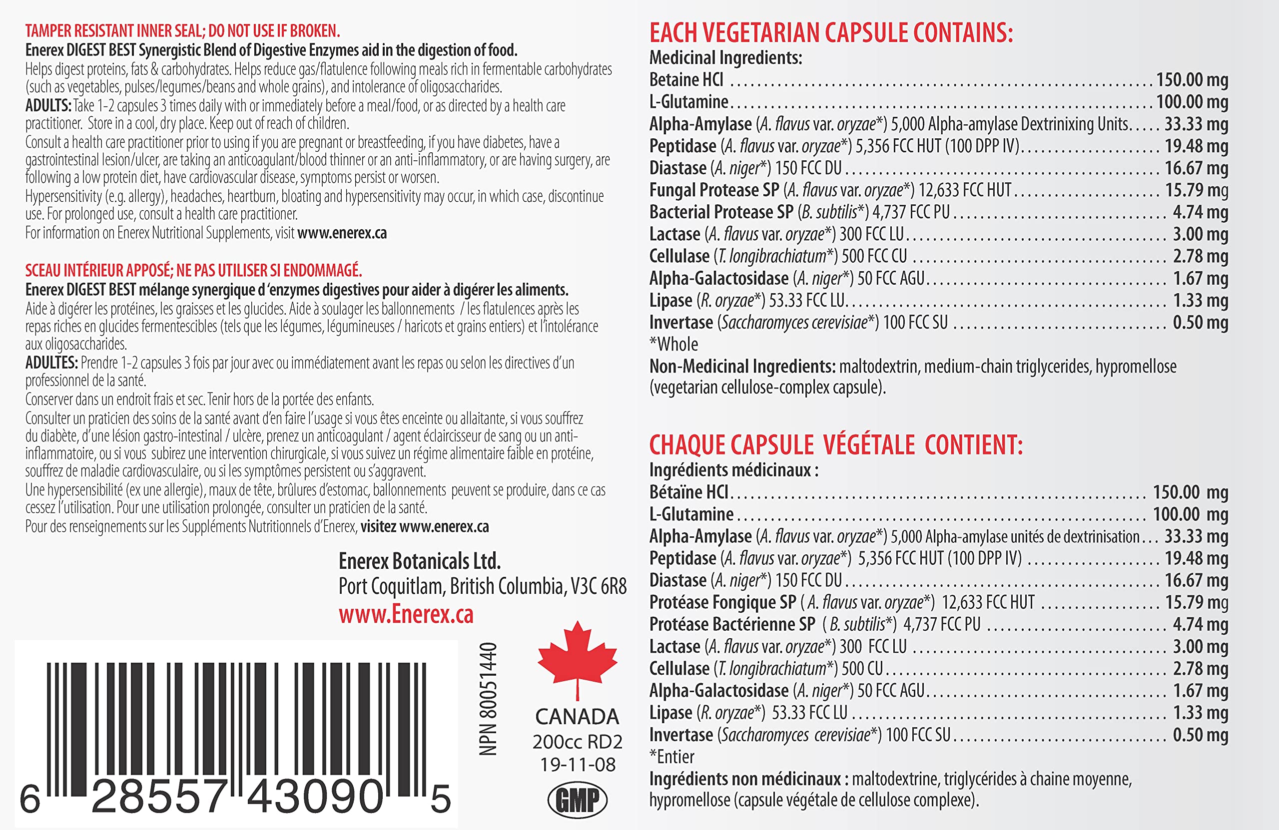 ENEREX - Digest Best 90 Veg Capsules 30-Day Supply - Synergistic Blend of Digestive Enzymes Enhanced with Betaine HCL and L-Glutamine - Reduce Indigestion, Gas, Bloating and Acid Reflux