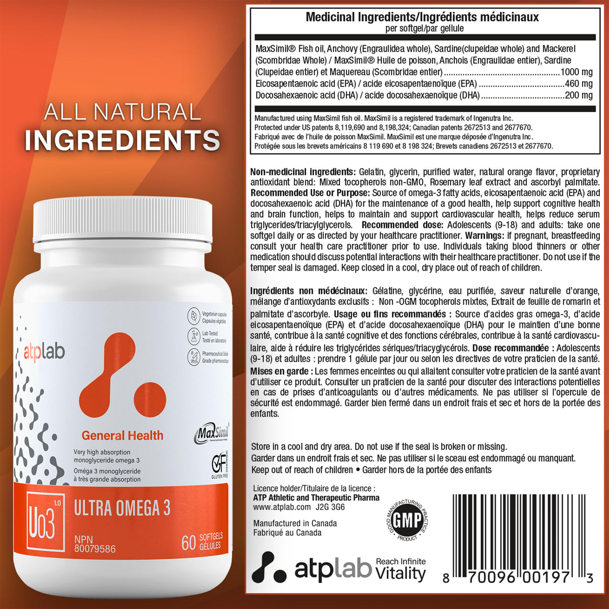 atplab Ultra Omega 3 Fish Oil Softgels, EPA DHA, 60 Softgels, 60-Day Supply