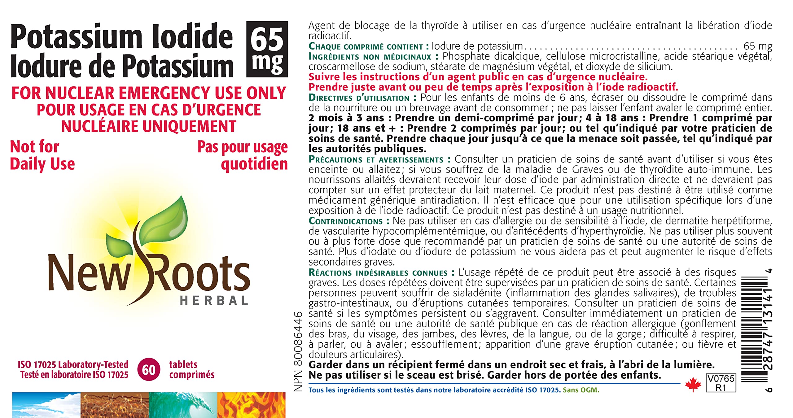 New Roots Herbal Iodure de Potassium Supplément 65mg 60 Comprimés, Approvisionnement de 30 Jours, Soutien en Iode pour la Fonction Thyroïdienne, Idéal pour la Préparation aux Urgences, Favorise l'Équilibre Hormonal et le Bien-être Général, Sans OGM