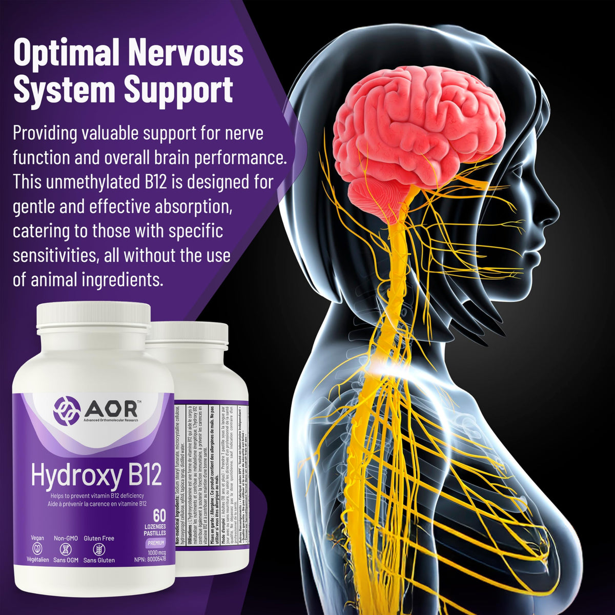 AOR Hydroxy B12 Lozenges, Hydroxocobalamin B12, 1000mcg, 60 Day Supply