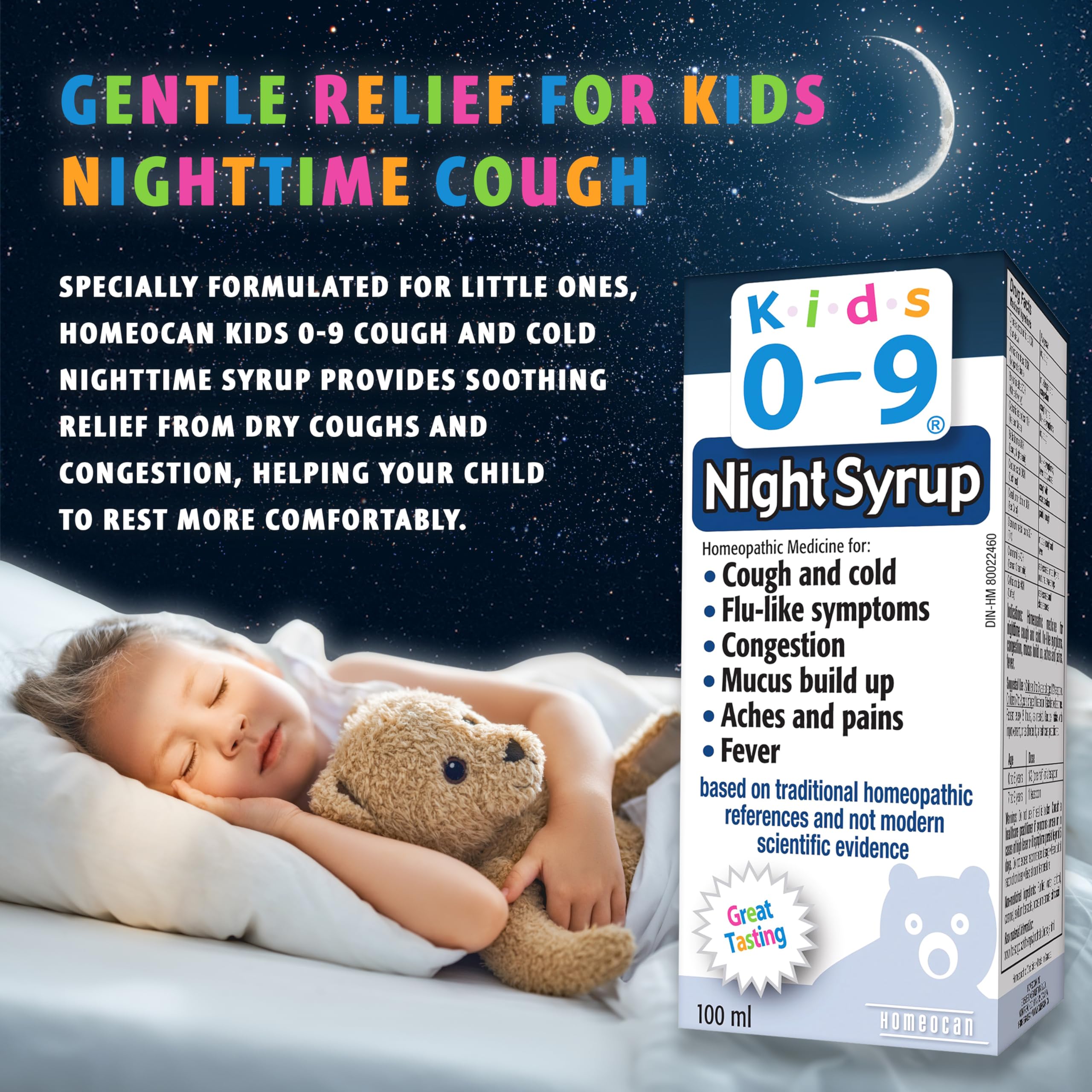 Sirop Nuit Enfants 0-9 ans, 100 ml - Soutien Doux Toux Sèche et Congestion, Soulage le mucus et l'Inconfort - Conçu pour les Tout-Petits et les Bébés - Soulagement Attentionné des Symptômes du Rhume chez les Enfants