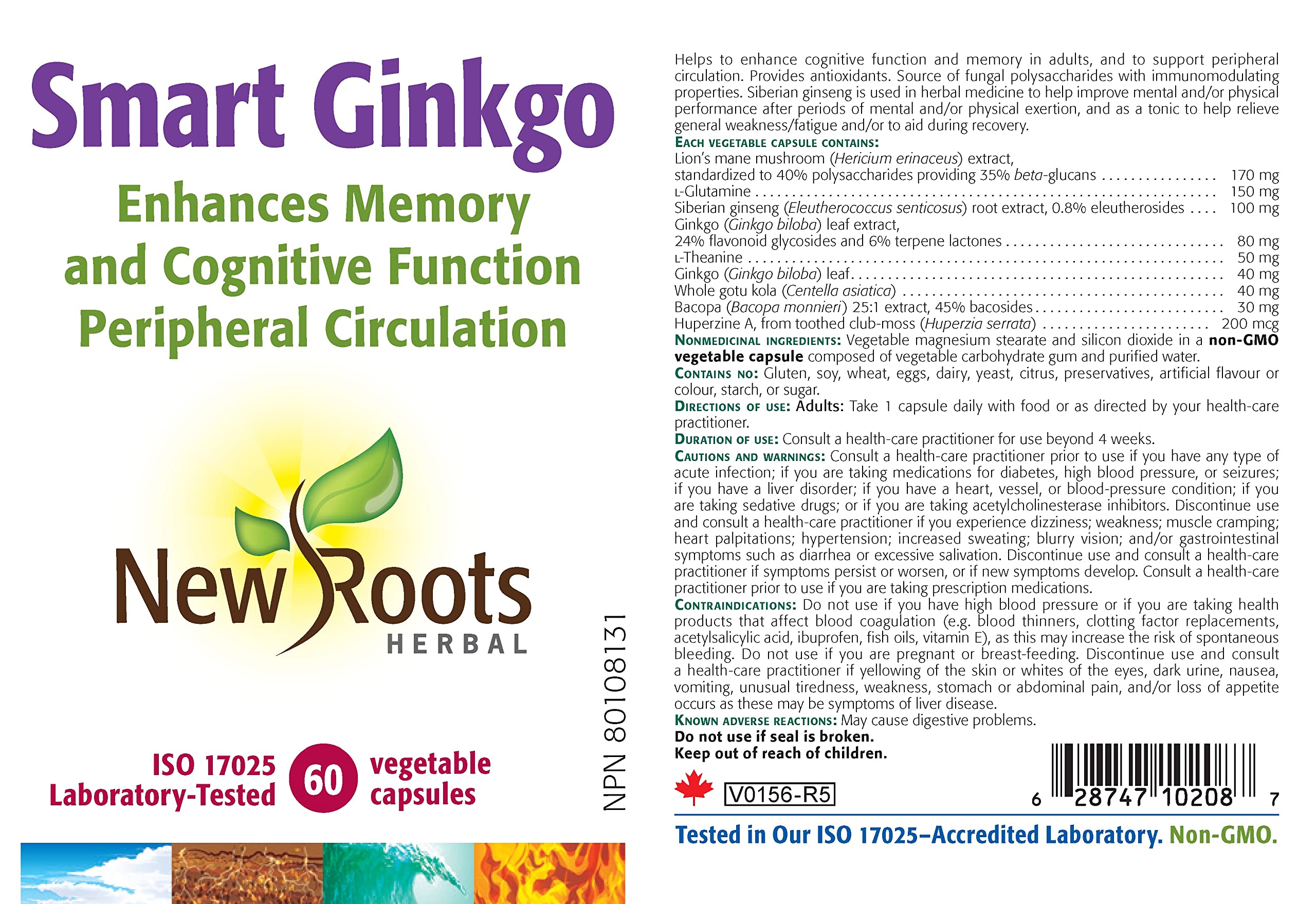 New Roots Herbal Smart Ginkgo Biloba, 60 capsules végétariennes, cure de 60 jours – Favorise la clarté mentale et les performances cognitives, supplément cérébral avec Crinière de Lion, L-Glutamine et Ginseng, sans gluten, sans OGM