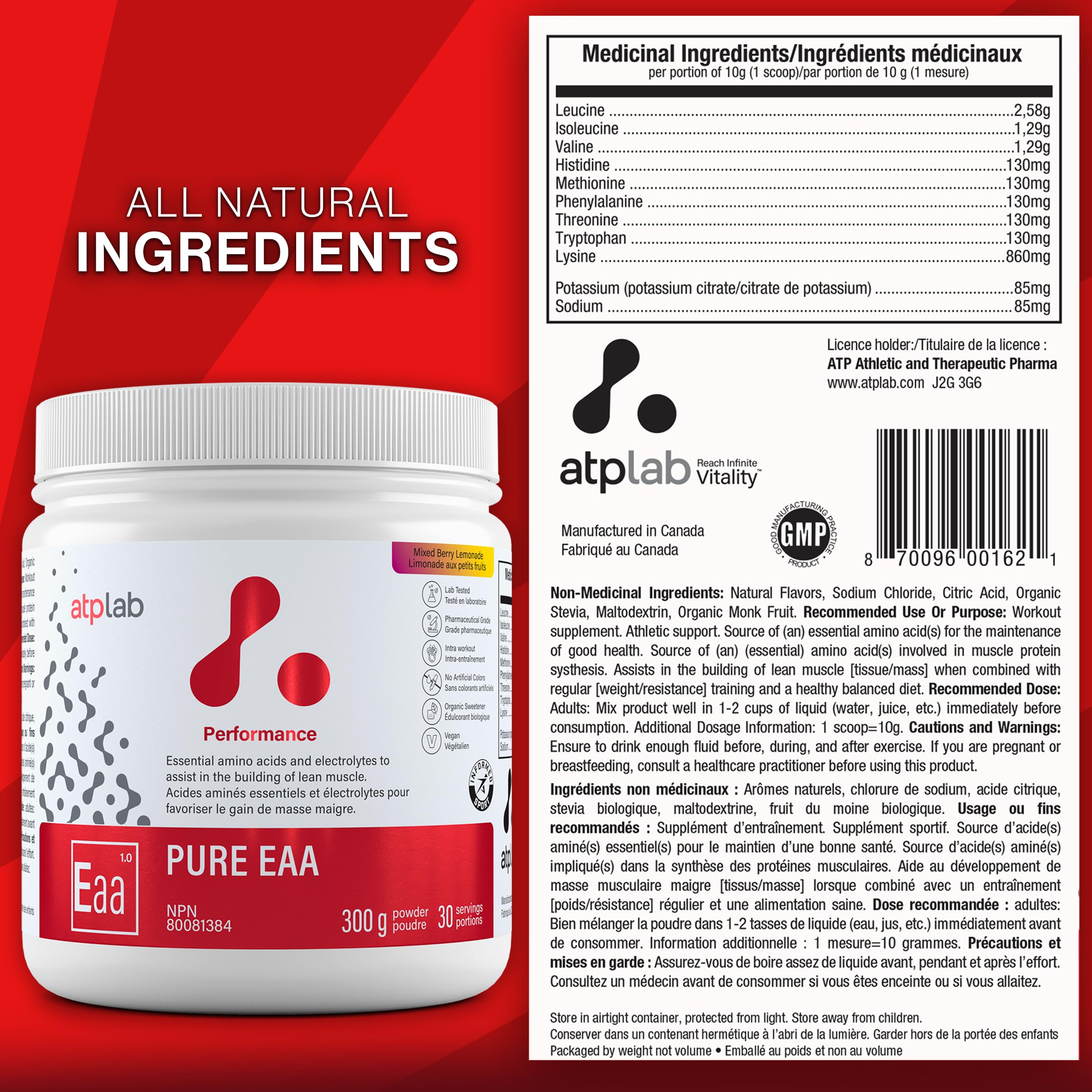 ATP LAB - Pure EAA en Poudre 300g (Saveur Framboise) - Supplément EAA - Poudre d'Acides Aminés Essentiels - Développement Musculaire - Récupération Musculaire
