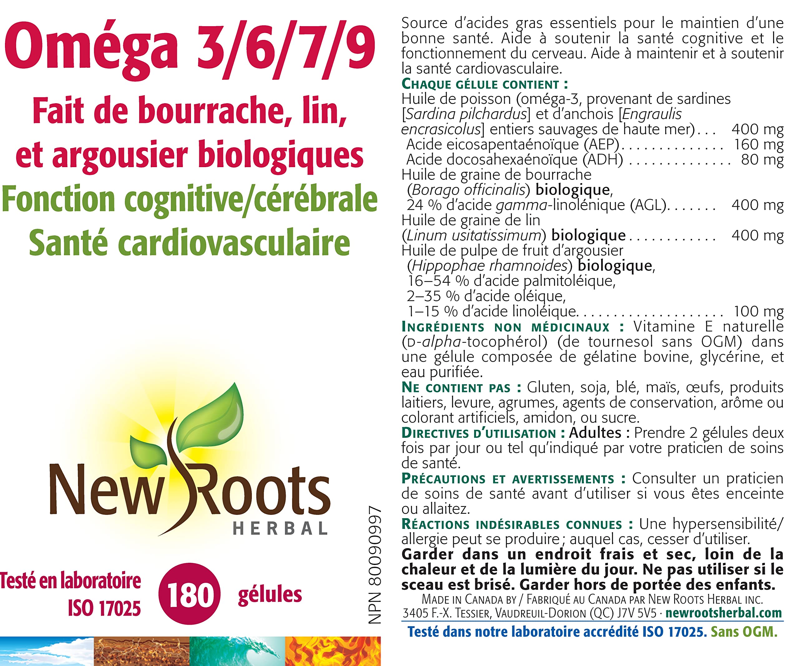 New Roots Herbal Oméga 3/6/7/9, 180 gélules, pour 45 jours, mélange biologique de bourrache, graines de lin et argousier, favorise la fonction cardiaque et le bien-être cognitif, sans OGM, sans arrière-goût de poisson, facile à avaler
