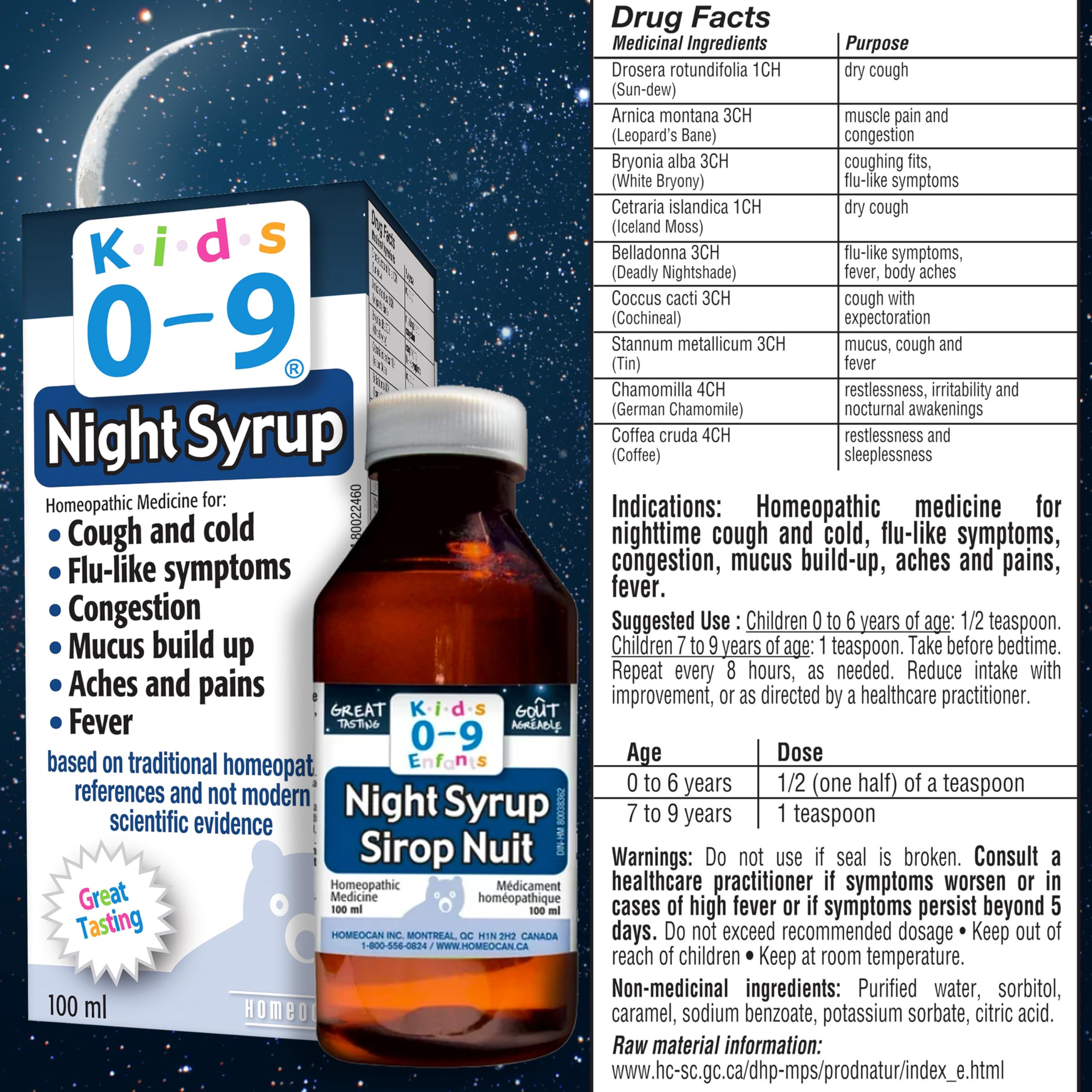 Sirop Nuit Enfants 0-9 ans, 100 ml - Soutien Doux Toux Sèche et Congestion, Soulage le mucus et l'Inconfort - Conçu pour les Tout-Petits et les Bébés - Soulagement Attentionné des Symptômes du Rhume chez les Enfants