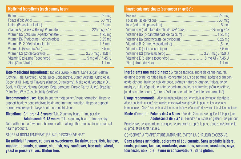 allKiDz Multivitamin Gummy Bears for Kids Children, Made in Canada, Complete Multi Vitamin Mineral Supplement, 11 Essential Nutrients Including Folate, Vitamin A, B, C, D3, E and Zinc for Immune Health, Natural Fruit Flavours, Bear Gummies, 110 Count