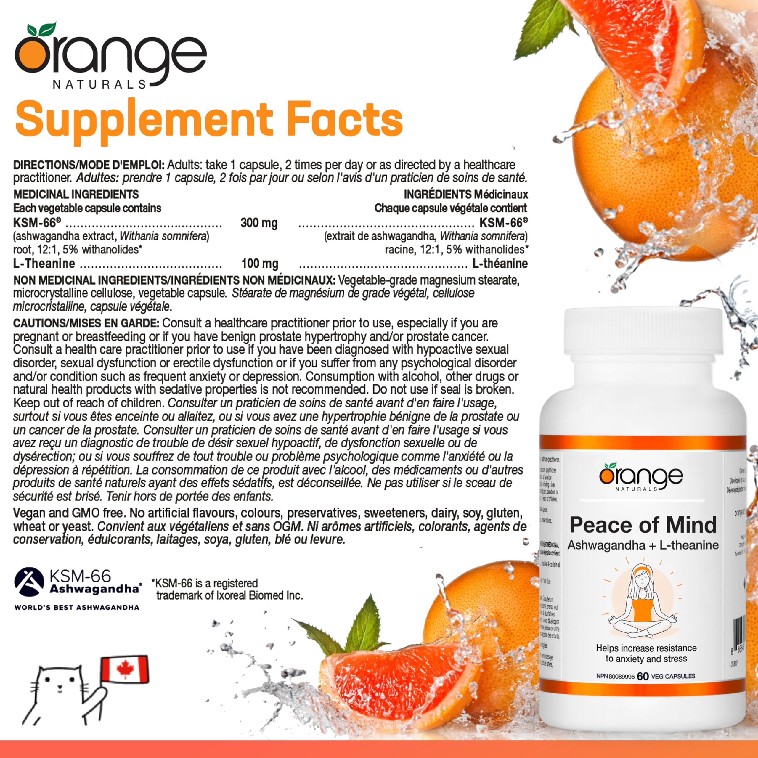 Orange Naturals - Tranquillité d'esprit, Ashwagandha KSM-66 et L-théanine, 60 gélules pour 30 jours - Ashwagandha haute concentration 300 mg et L-théanine 100 mg pour la relaxation et la concentration - Végan et sans OGM