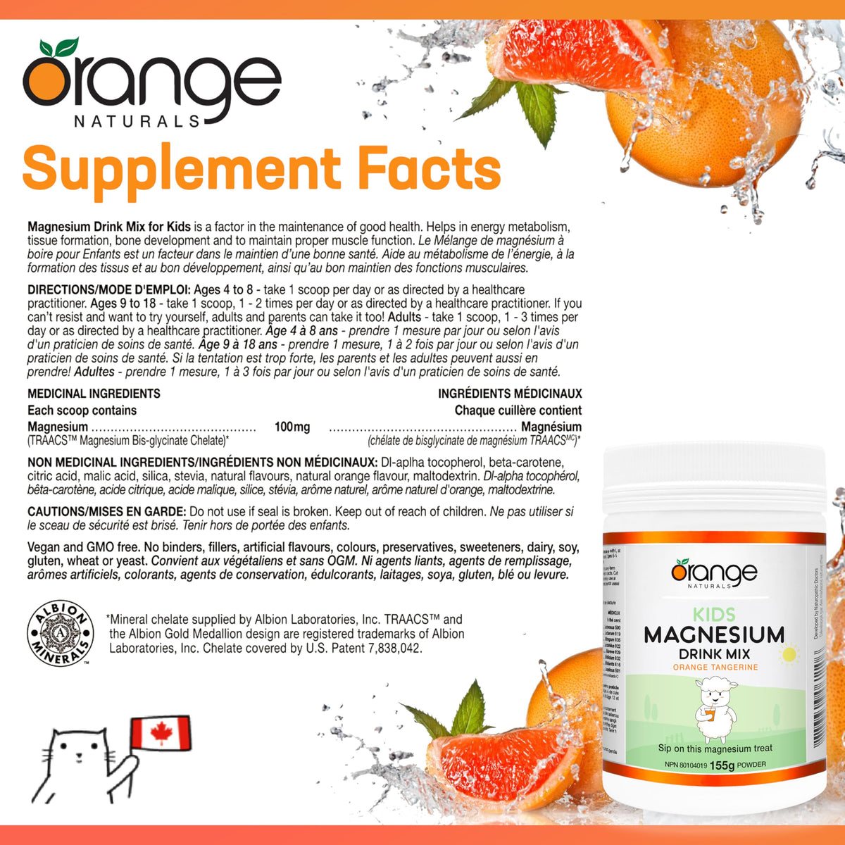 Orange Naturals - Kids Magnesium Drink Mix, Orange Tangerine Flavour, 155g Powder - Kids Magnesium Glycinate - Magnesium Drink Powder - Magnesium Supplement for Kids - Magnesium Powder Drink