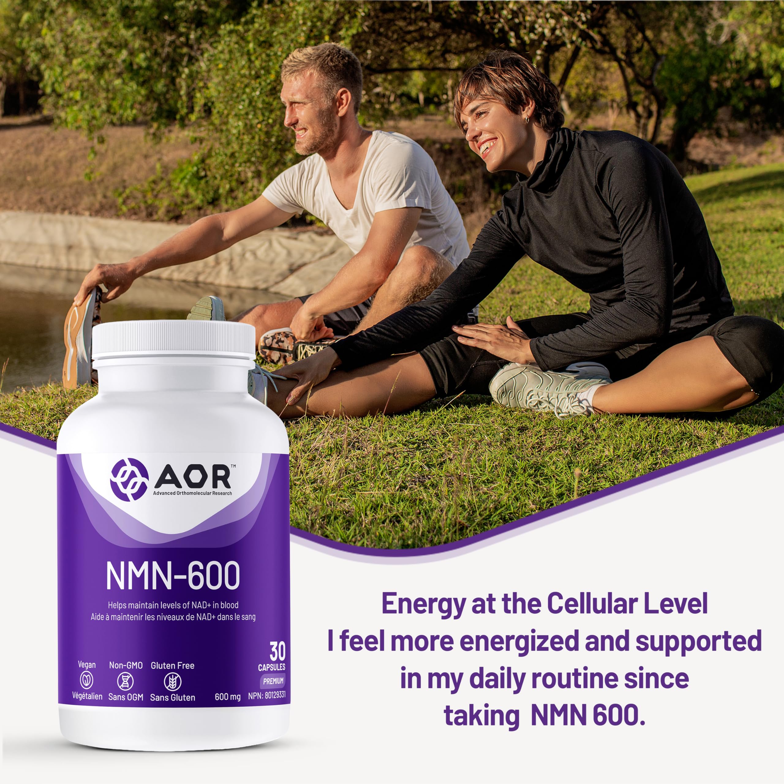 AOR NMN-600mg, 30 gélules végétaliennes - Sans OGM, sans gluten, mononucléotide de nicotinamide à haute puissance - Soutient la santé cellulaire et la production d'énergie - Supplément de NMN au Canada