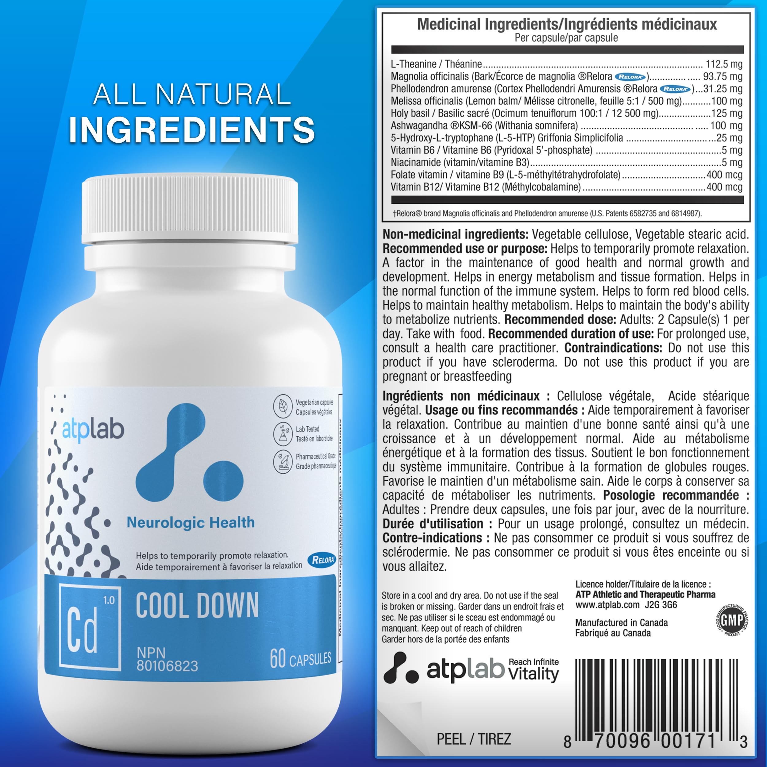 ATP LAB - Cool Down 60 capsules - Traitement de 30 jours - Soulagement de la dépression, santé du cortisol, soulagement de l'insomnie, guérison du système nerveux, favorise la relaxation et le sommeil - Formulé et fabriqué au Canada