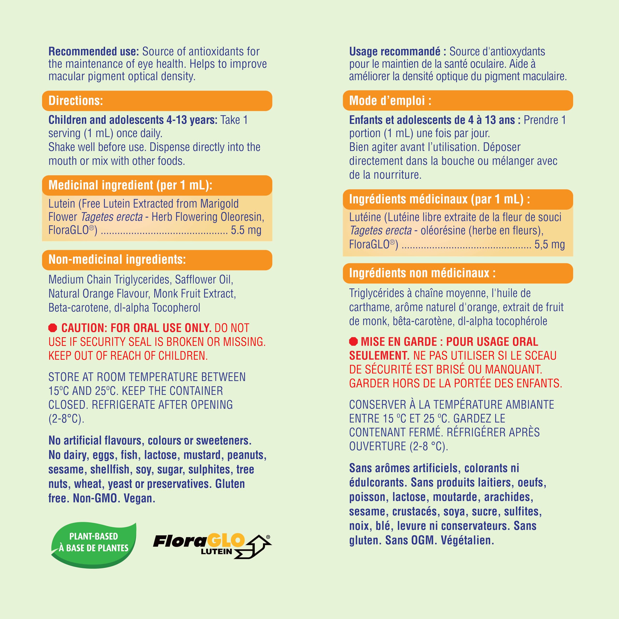 allKiDz Gouttes de lutéine pour enfants, soutien de la santé oculaire et de la vision, 5,5 mg de lutéine libre (FloraGLO) en supplément liquide, végétalien à base de plantes, sans conservateurs, sans sucre, saveur orange délicieuse, 30 ml = 30 jours