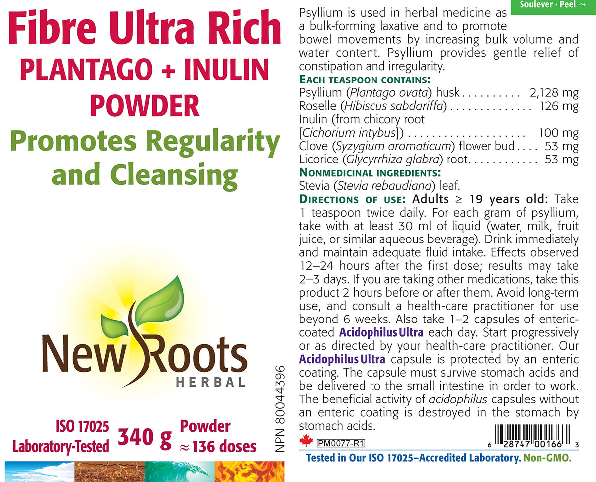 New Roots Herbal Psyllium Husk & Inulin Fibre Powder, 136 Servings, 340 g