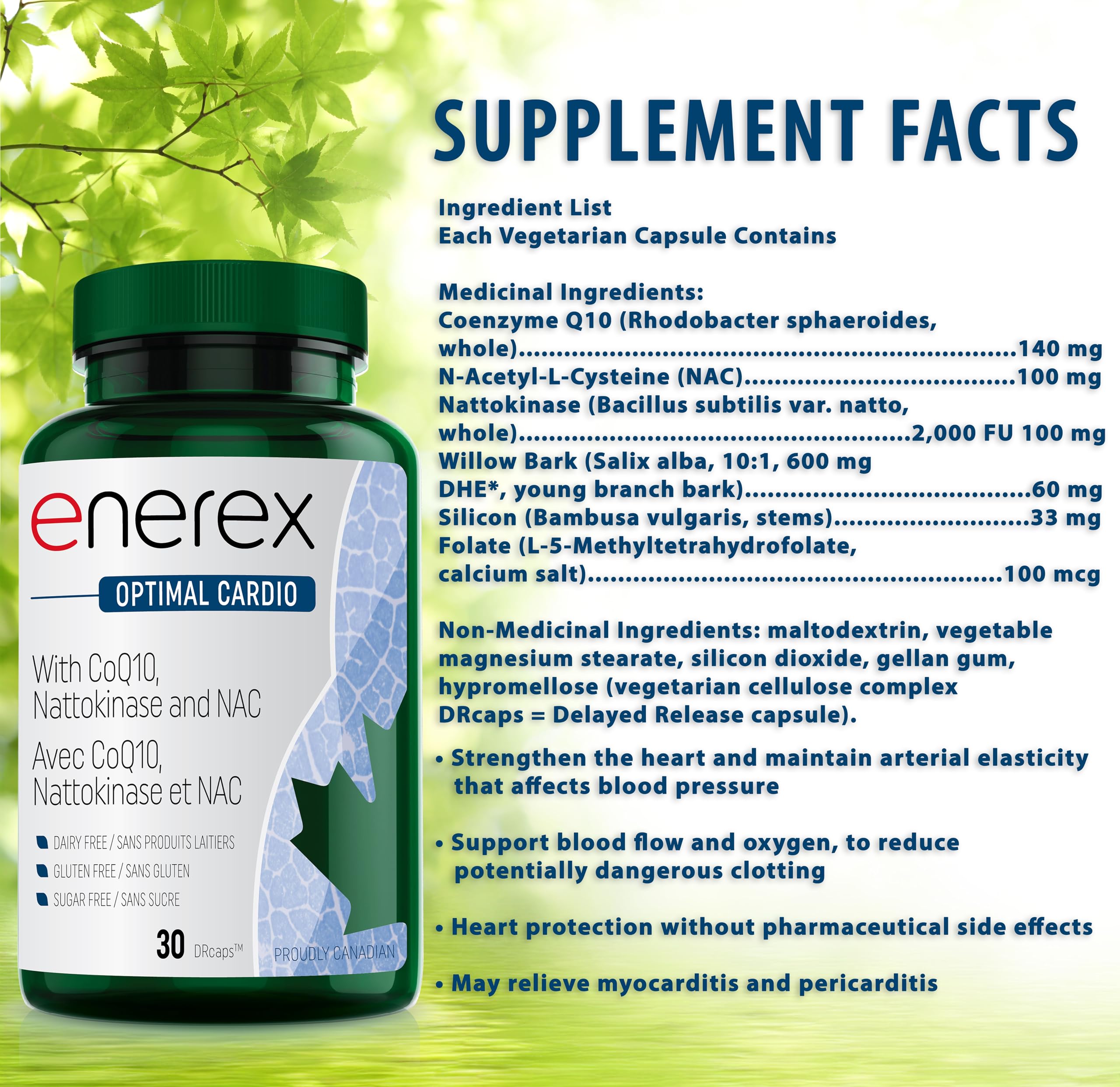 ENEREX Optimal Cardio Support, 30 DRCaps - Enrichi en Coenzyme Q10, Nattokinase & L-5-MTHF, Soutient la fonction cardiovasculaire, l'équilibre de la pression artérielle, Formule riche en antioxydants et en folate