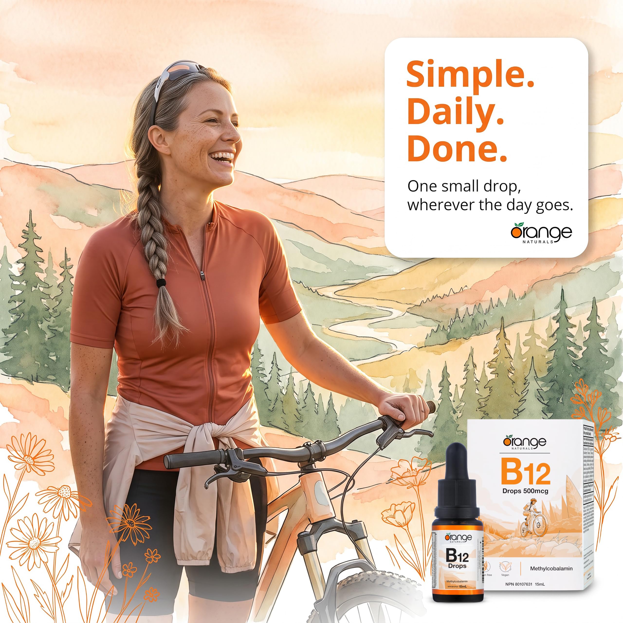 Orange Naturals Vitamin B-12 Liquid Drops, 15 ml, 300-Day Supply, Methylcobalamin 500mcg – Tasty Blueberry Flavor, Promotes Daily Vitality and Wellness – Vegan, Non-GMO, Made in Canada, Easy-to-Use