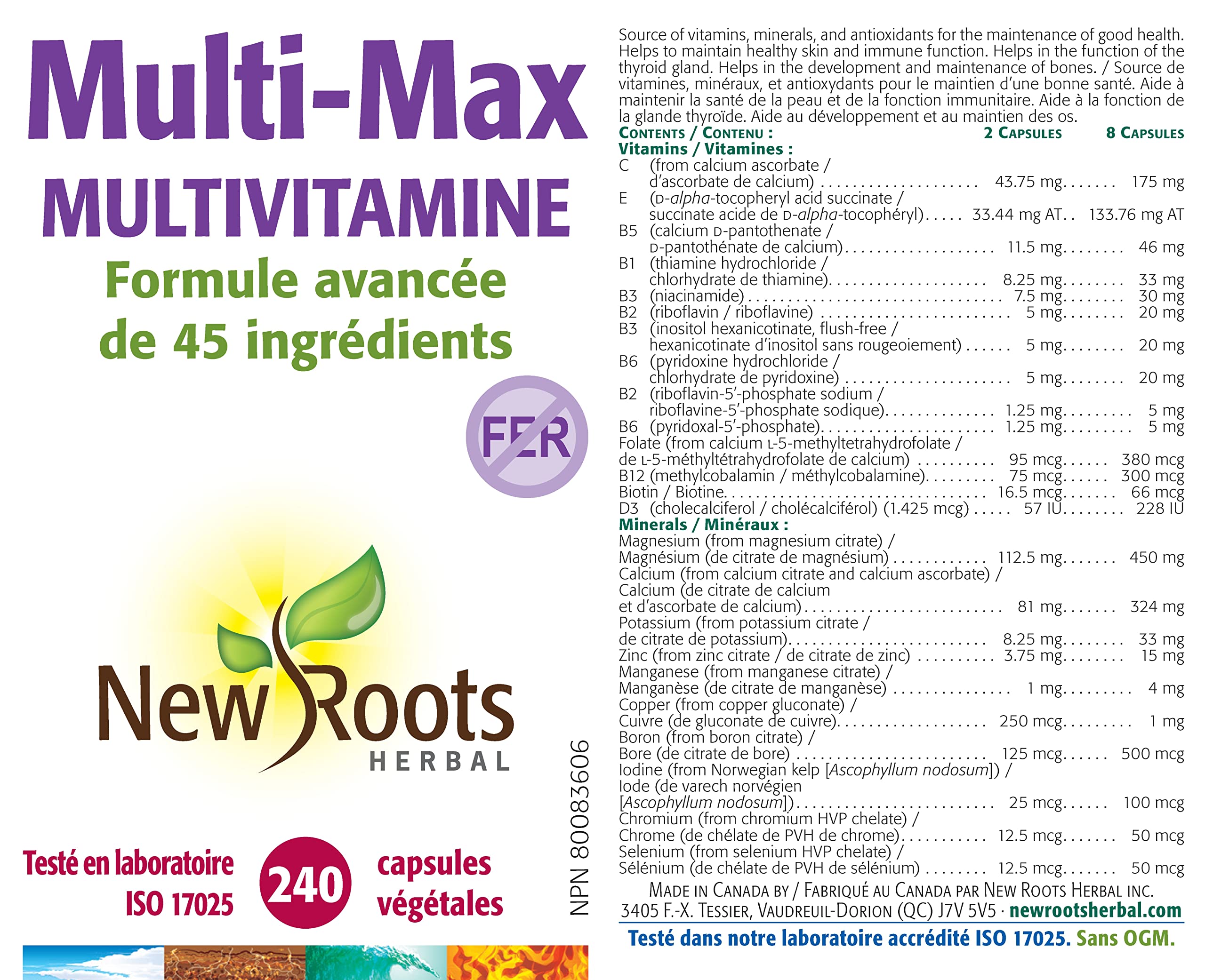 New Roots Herbal Multi-Max Iron-Free Multivitamin, 240 Veg Caps 120-Day Supply, Advanced 45-Ingredient Formula, Non-GMO, Gluten-Free, Ideal for Men & Women, Promote Vitality, Wellness & Mental Clarity