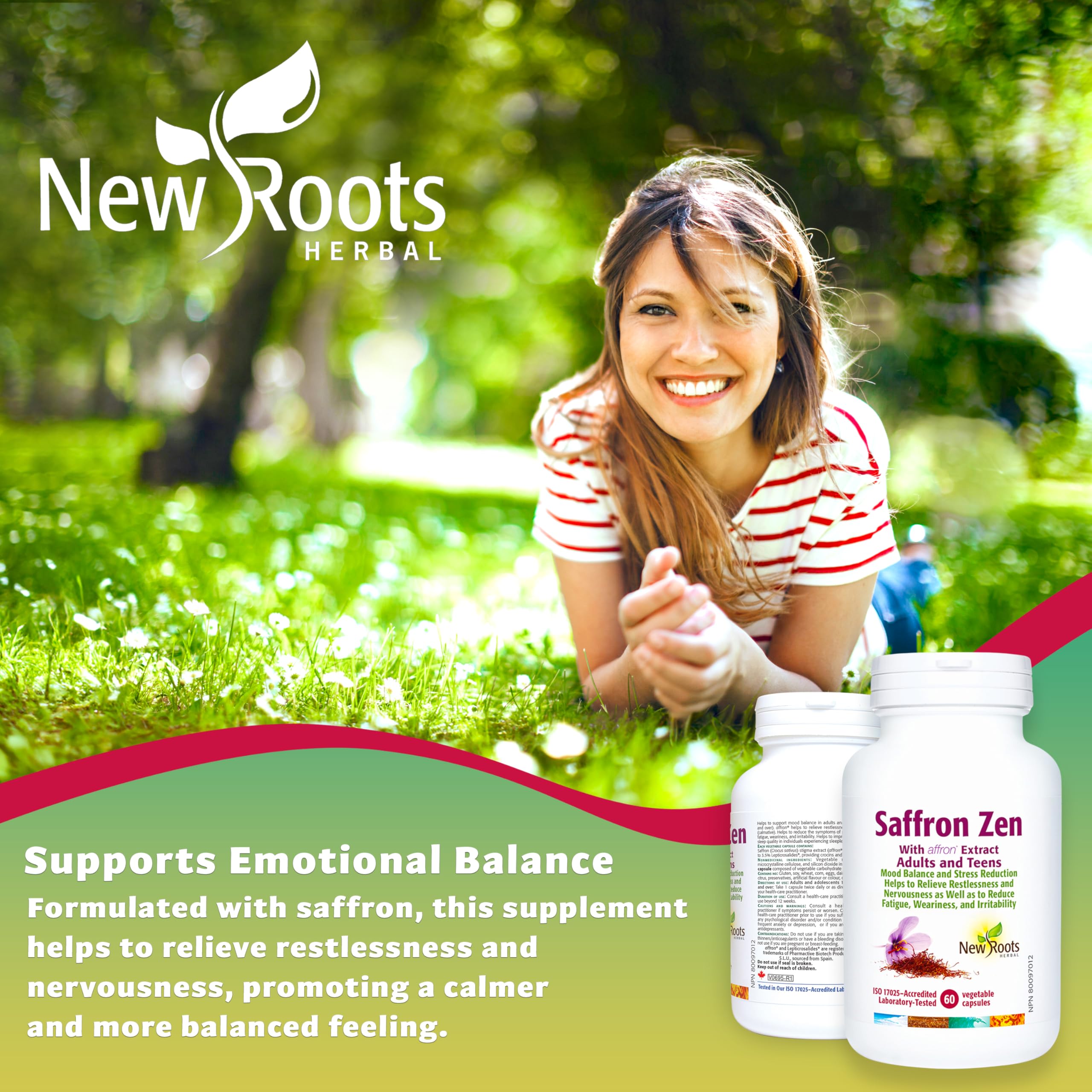 New Roots Herbal Saffron Zen, extrait d'Affron pour l'équilibre émotionnel et la relaxation, soulage l'agitation, calme mental, sans OGM, 60 capsules végétales pour 30 jours